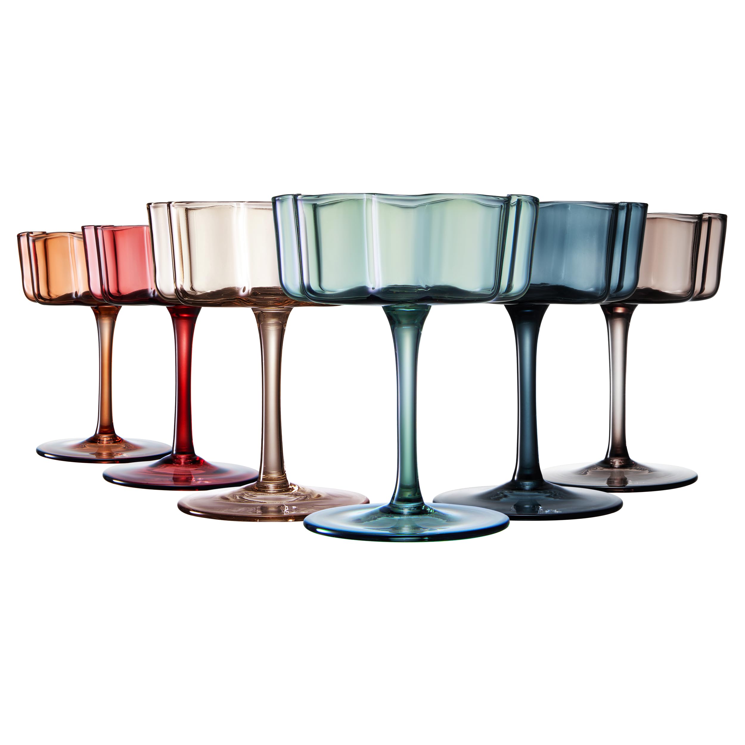 Set of 6 muted color flower coupe glasses on table