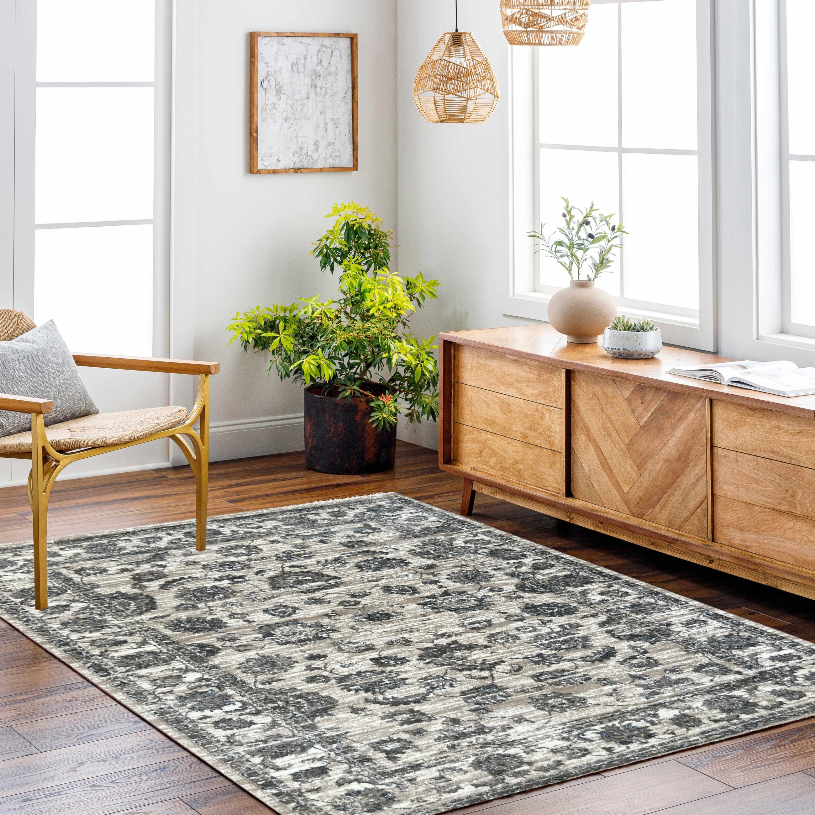 ROY's Home Flower Garden Design Area Rugs, Vintage Effect Lines