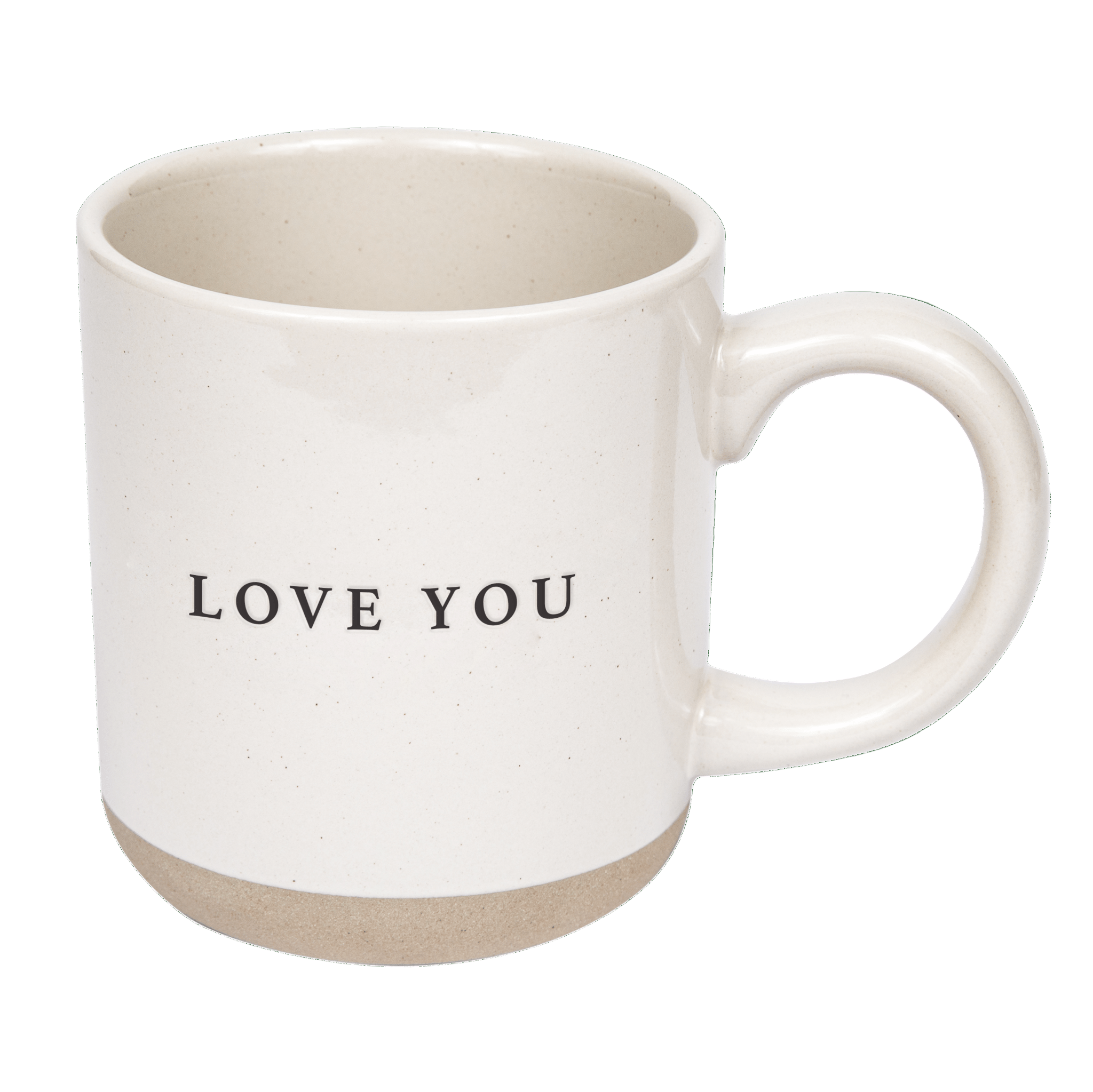 Love You stoneware coffee mug with cream and speckled finish