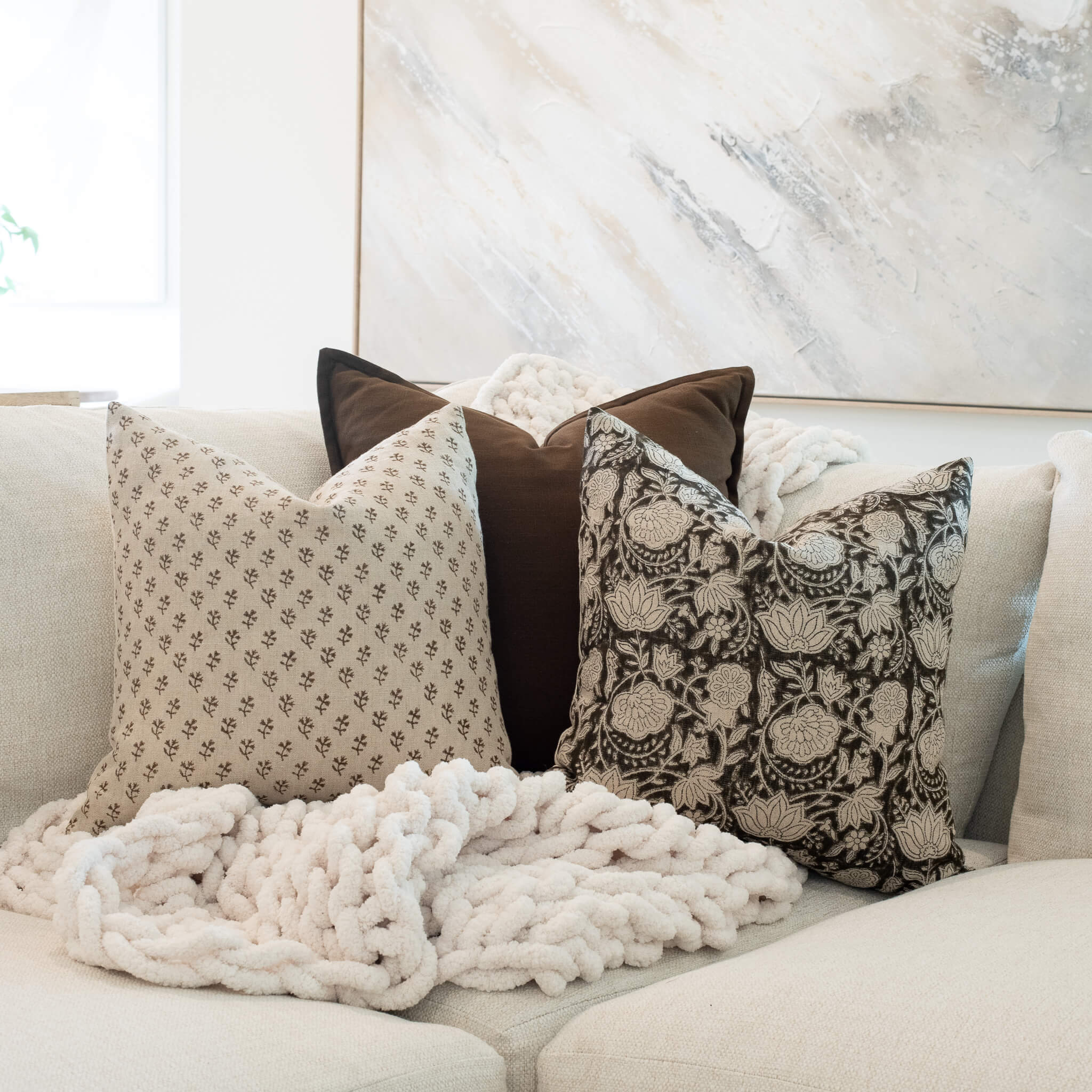 Auburn Floral Block Printed Pillow Cover | Brown
