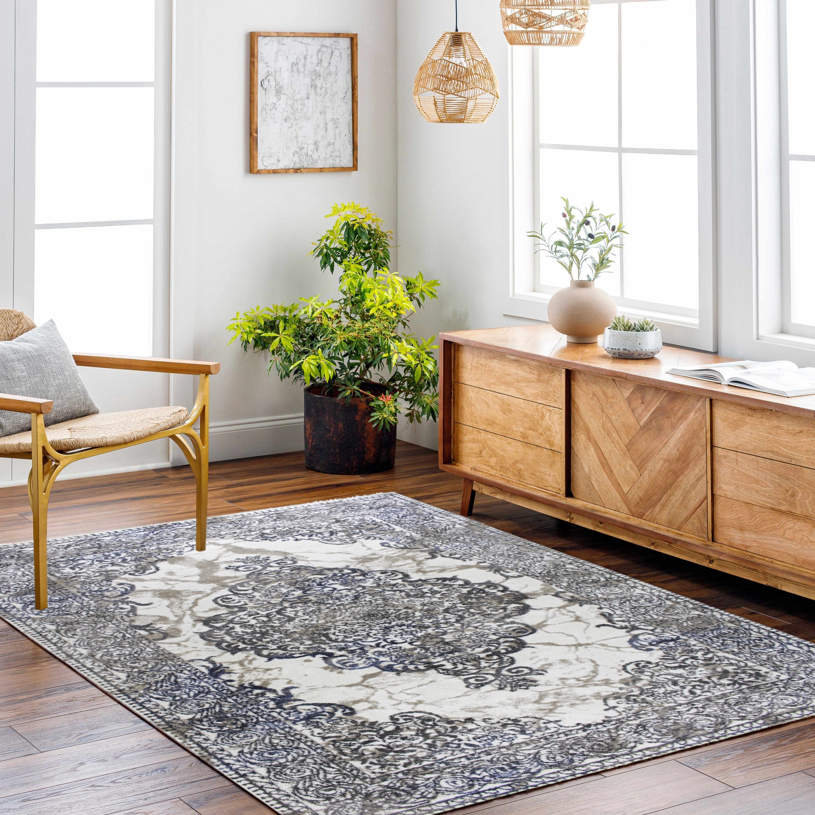 ROY's Home One Level Area Rugs, Classic Pattern - Shiny Ivory,Grey,Beige Yarn