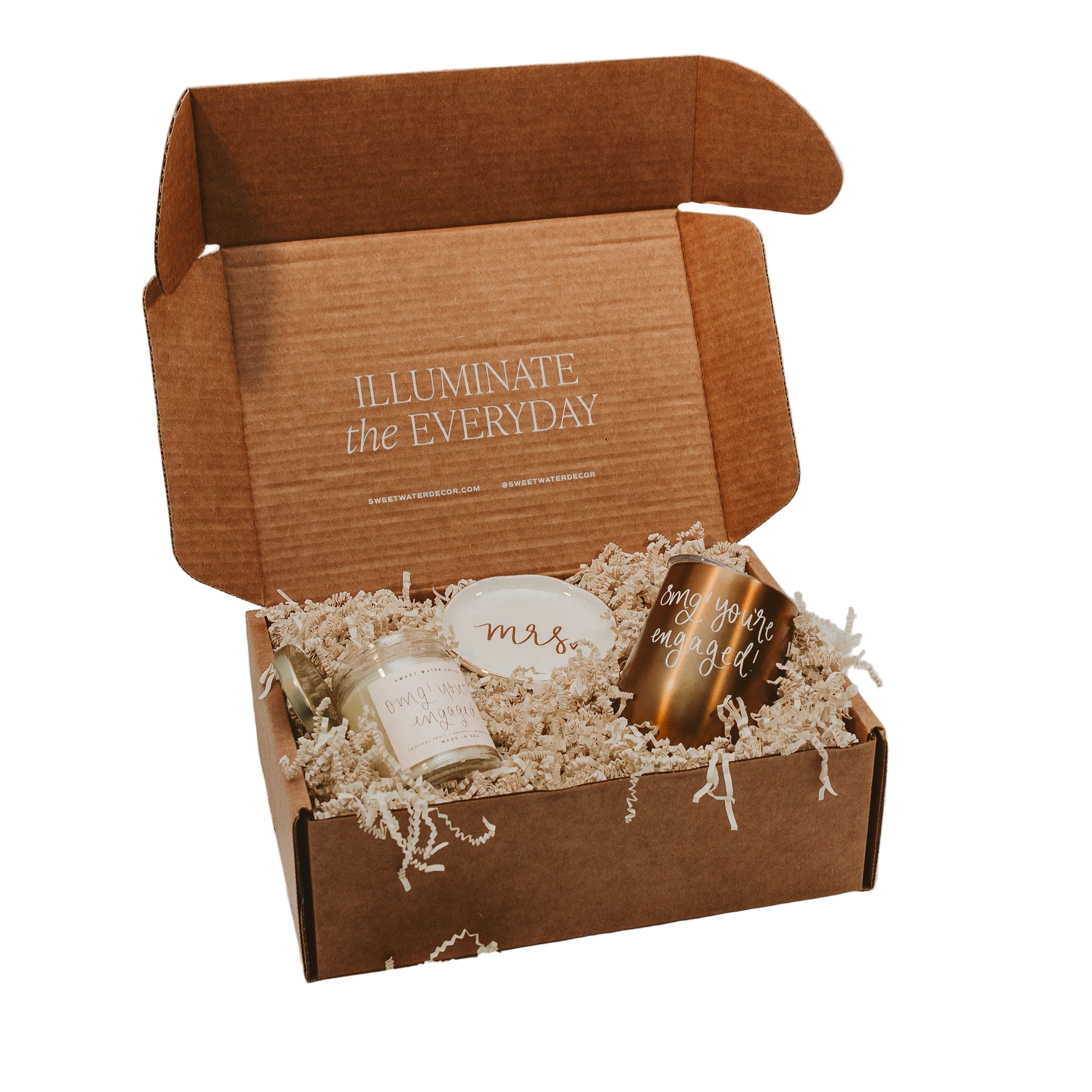 Miss to Mrs. gift box with candle, ring dish, and wine tumbler