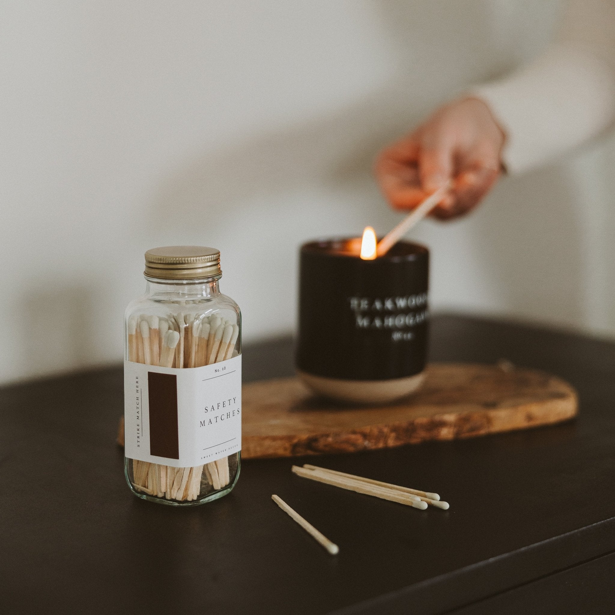 Minimalist white tip matchsticks displayed on coffee table