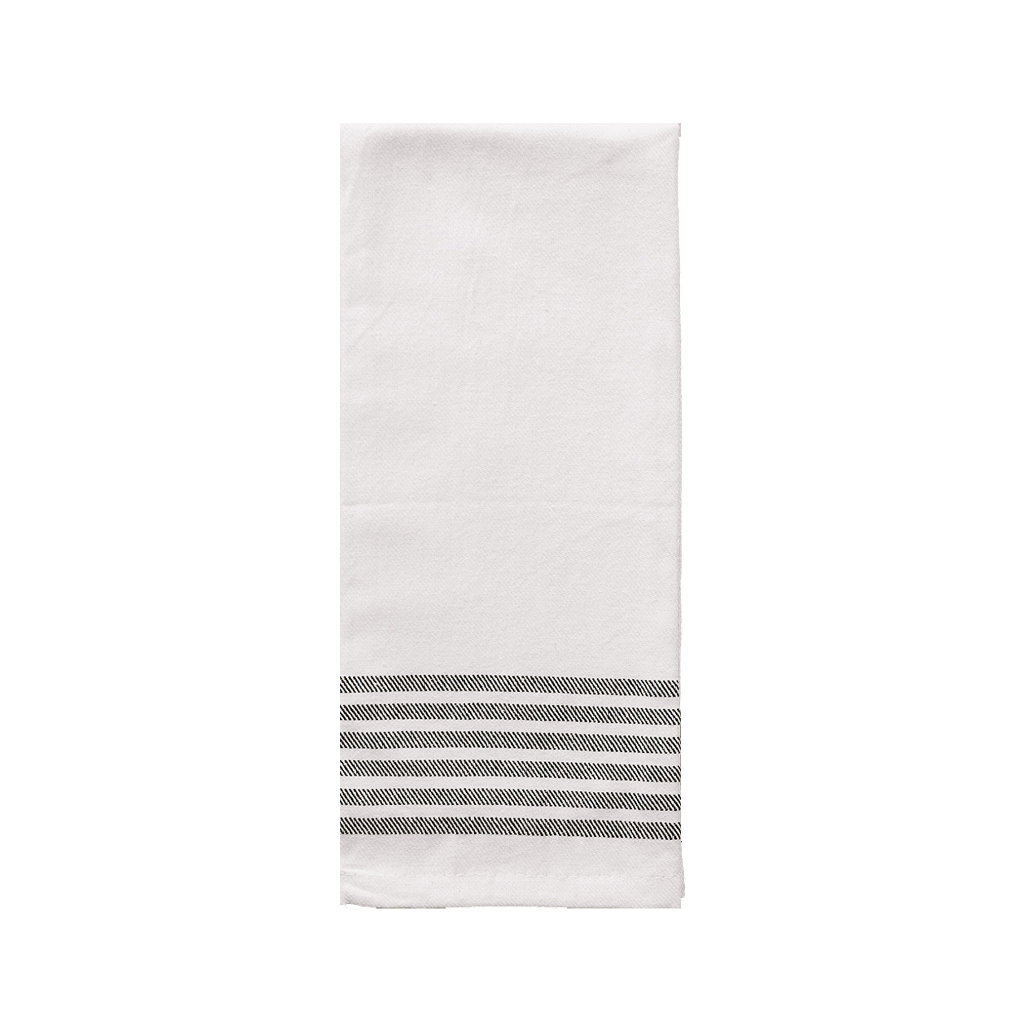 Cream cotton tea towel with six black stripes hanging on hook