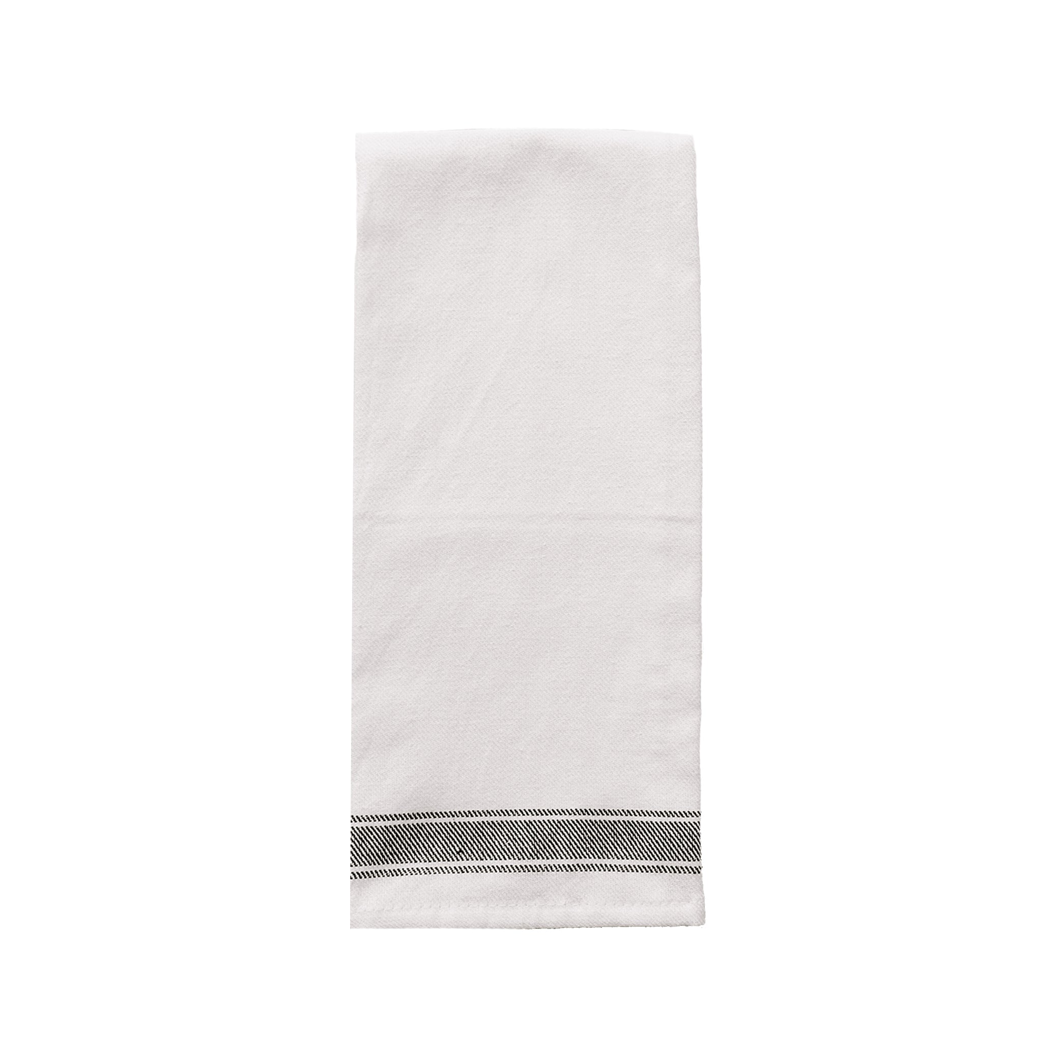 Cream cotton tea towel with three black stripes hanging on hook