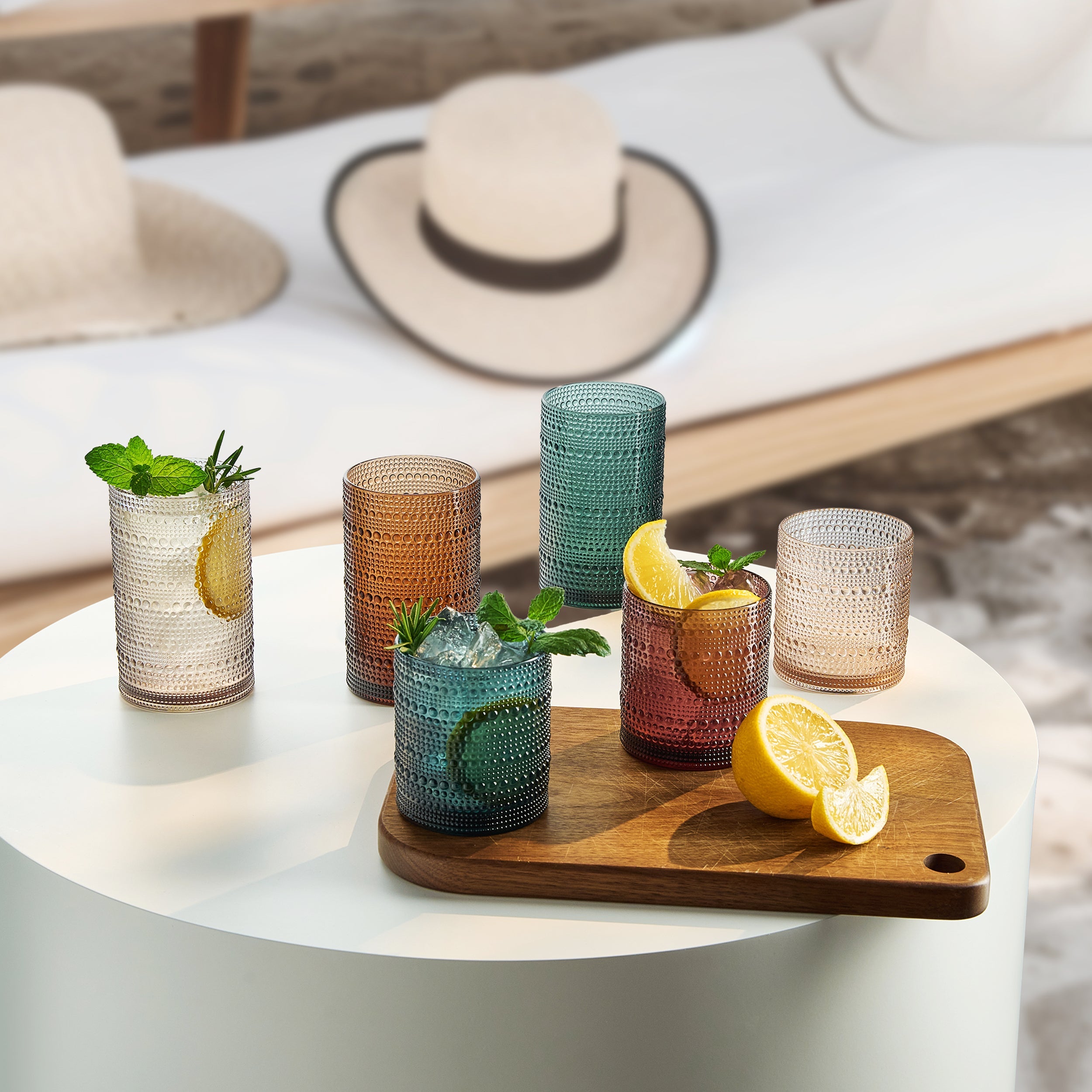 Acrylic hobnail lowball glass filled with cocktail