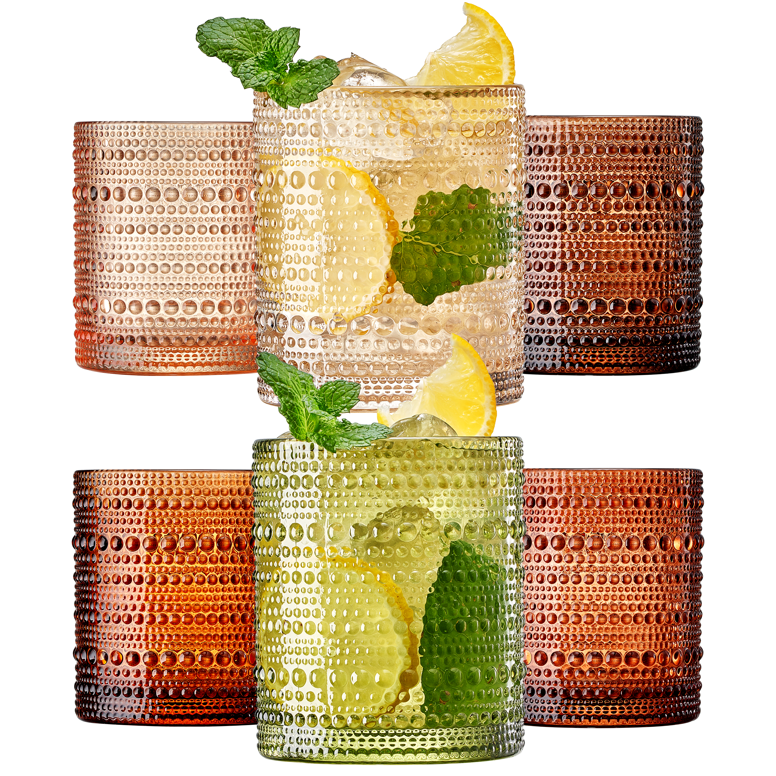 Textured hobnail lowball glasses filled with whiskey