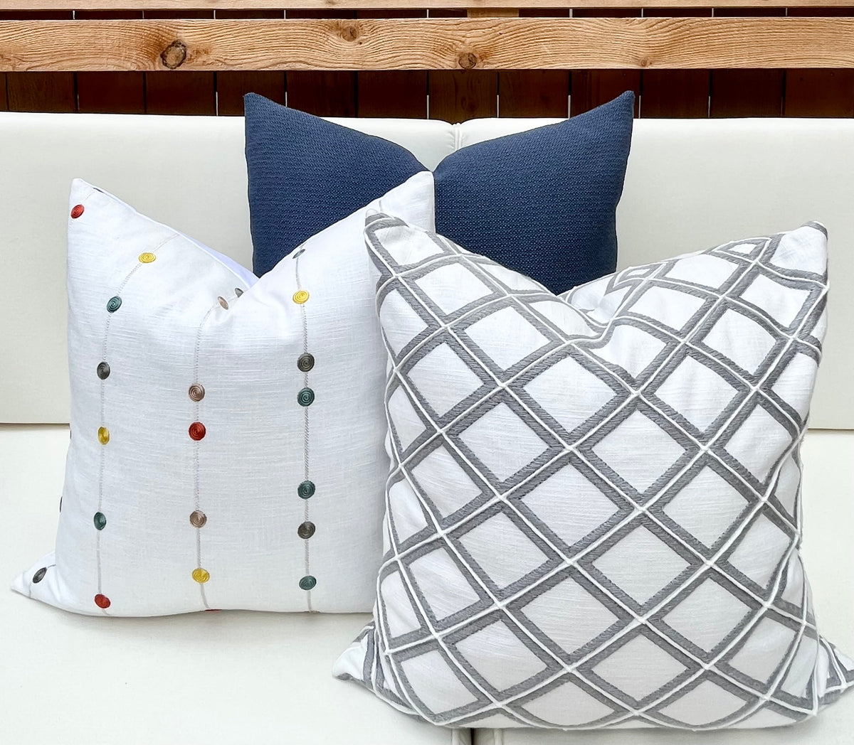 New Haven white and gray embroidered trellis pillow cover, view 9