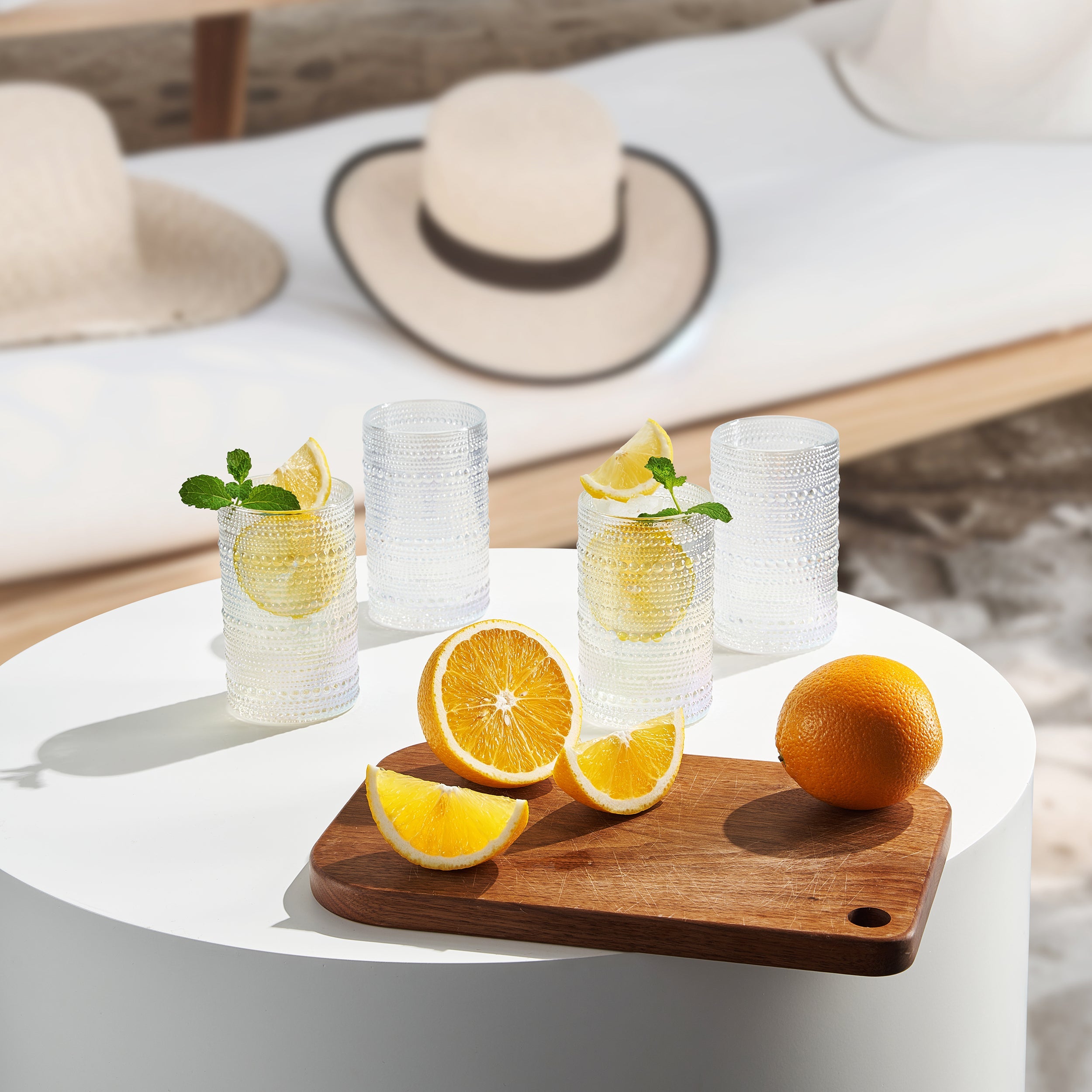 Vintage-inspired hobnail glassware styled in bar collection