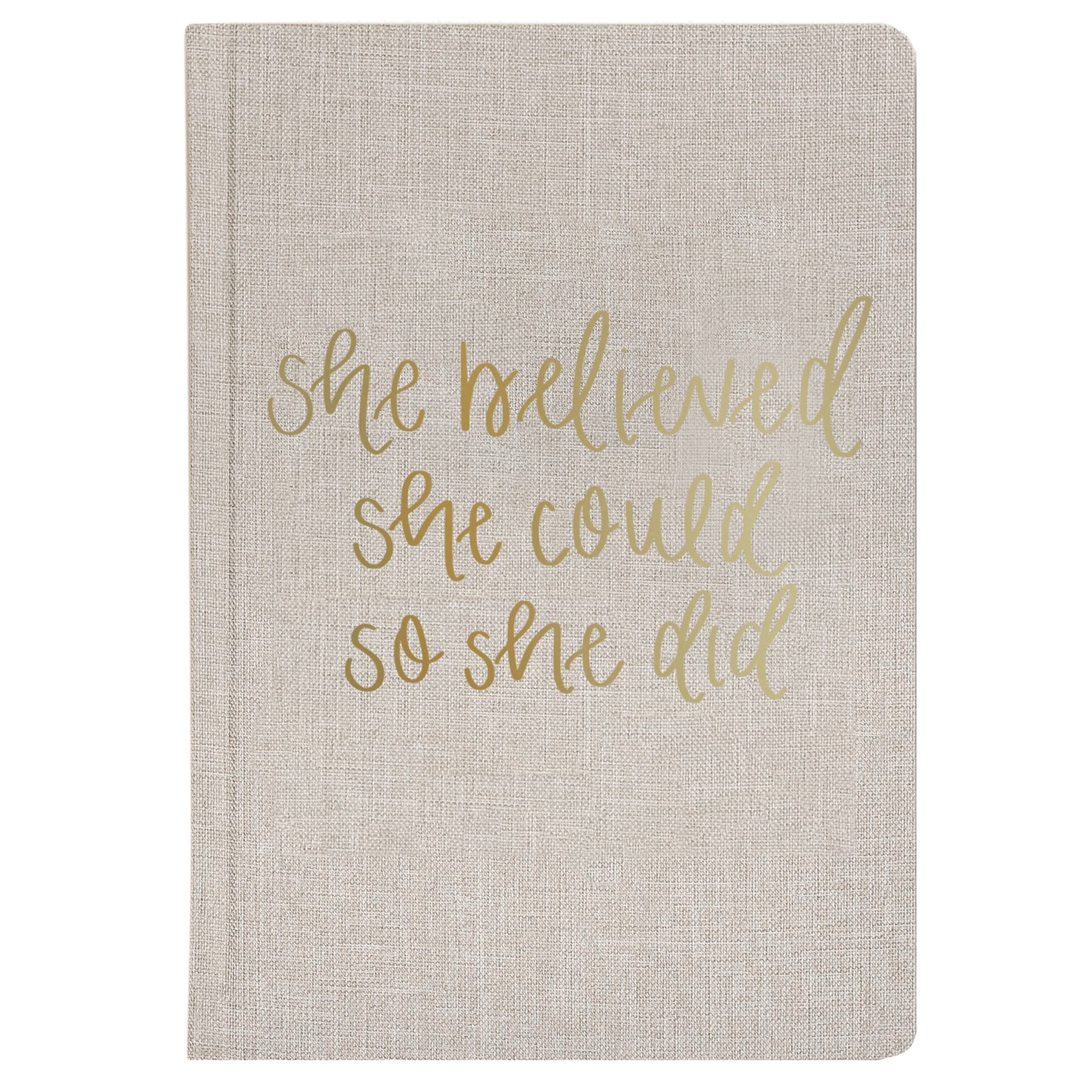 She Believed She Could So She Did tan fabric journal with gold foil