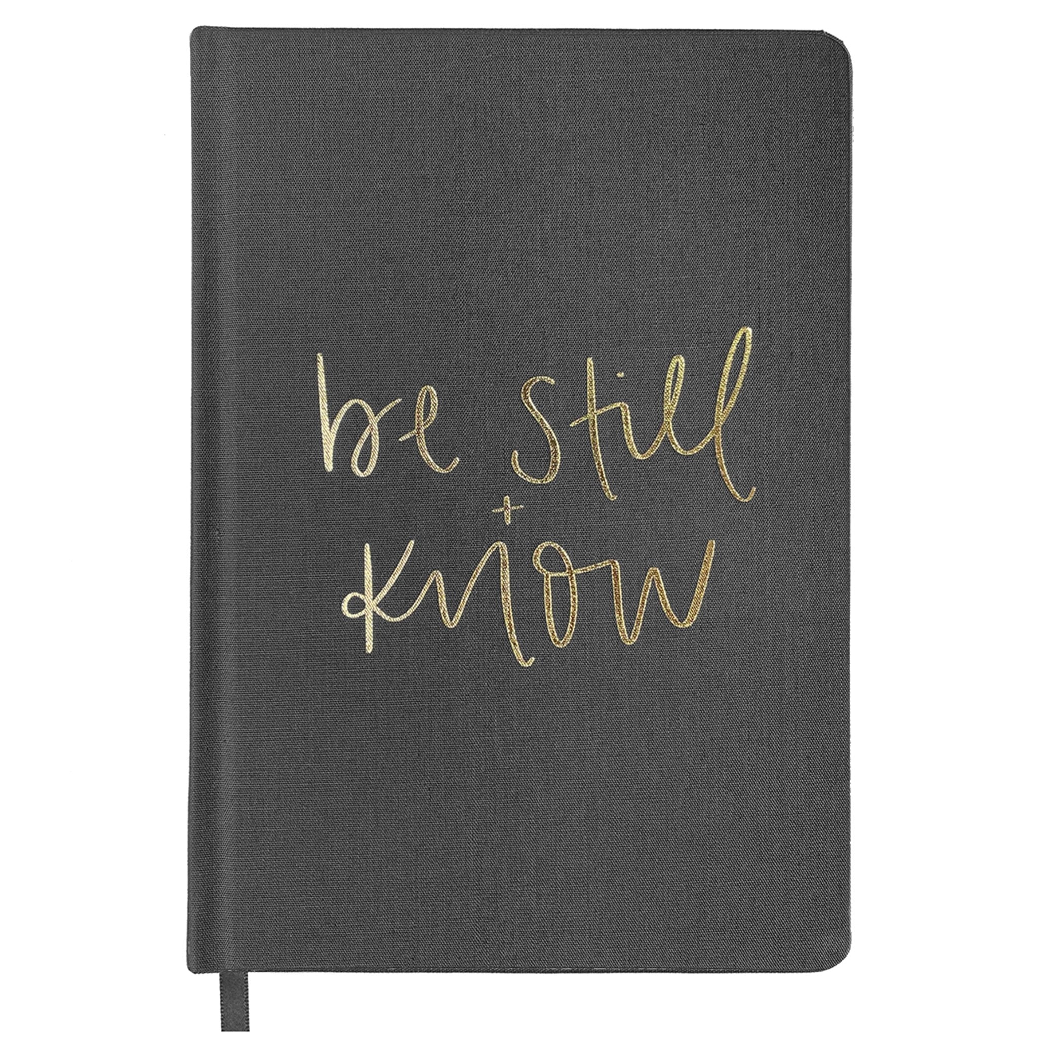Be Still and Know grey fabric journal with gold foil details