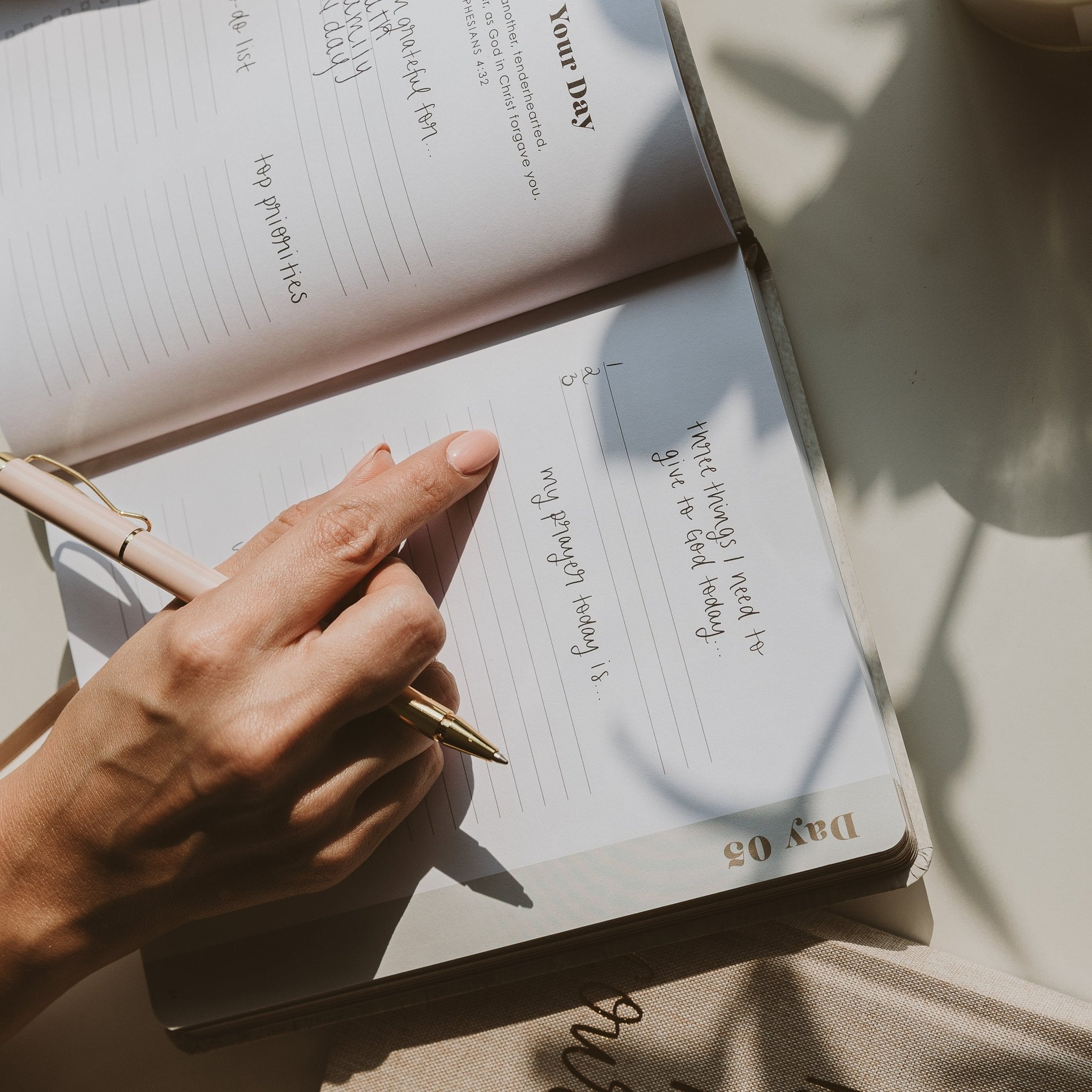 Guided Christian productivity journal with affirmations and Scripture