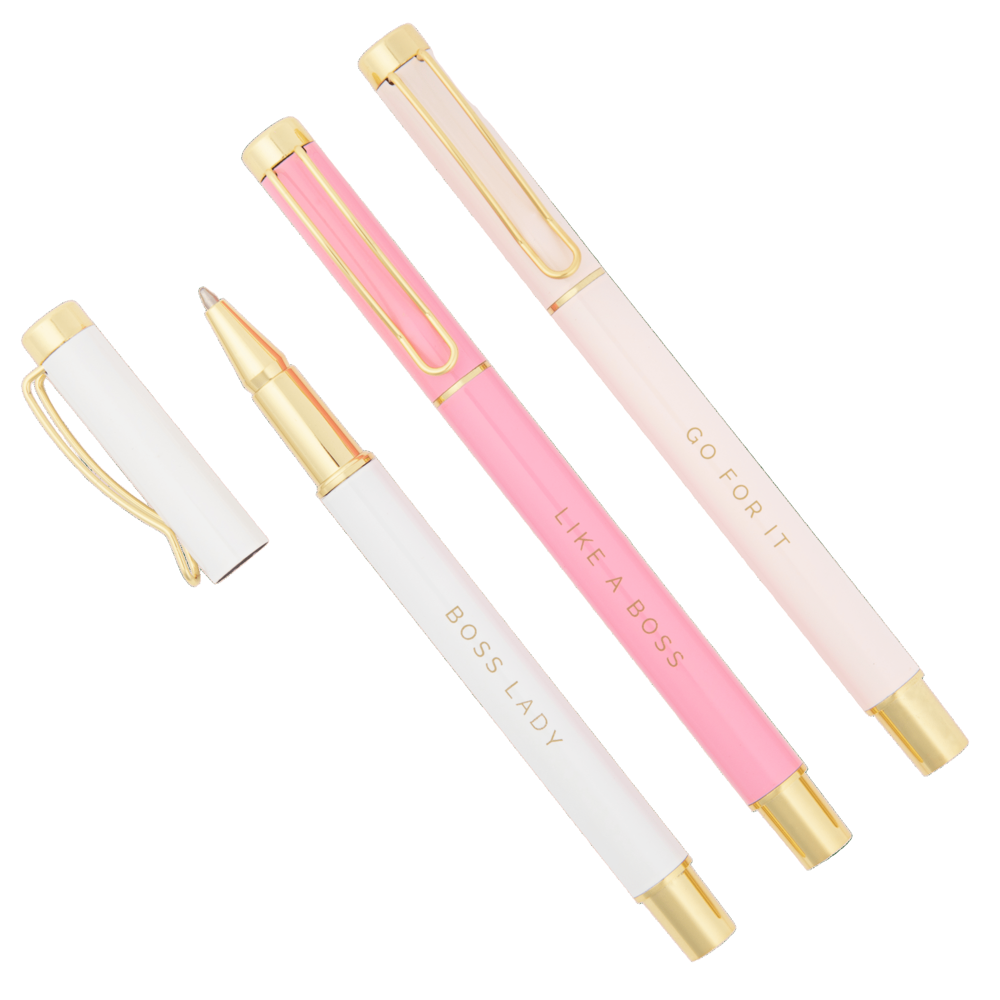 Boss Lady pen set with motivational phrases and gold lettering