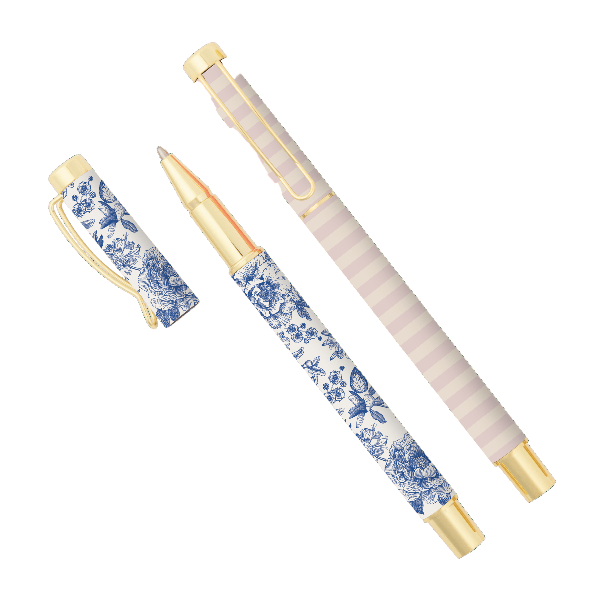 Blue Delft and striped pen set with gold accents