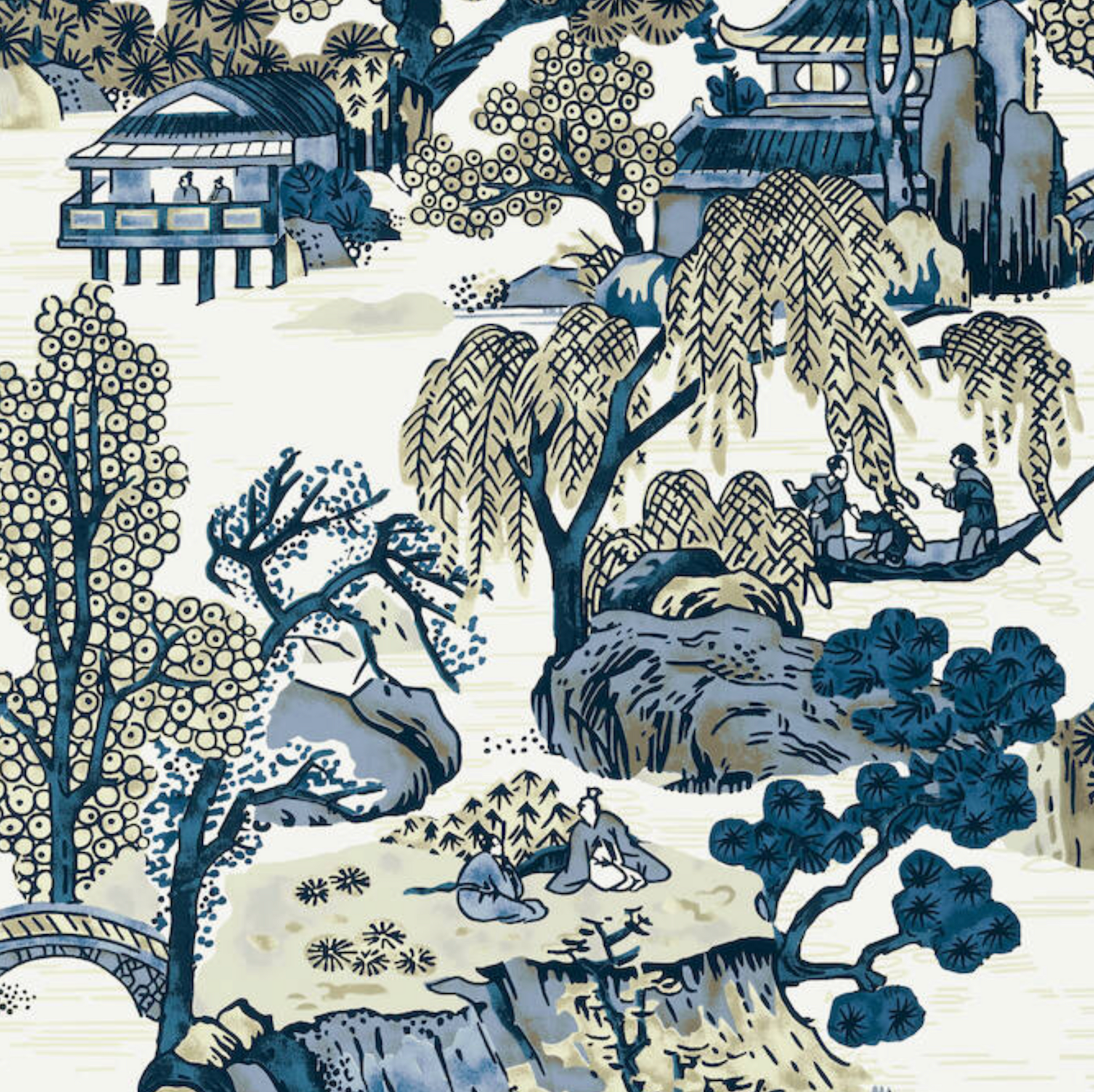 Asian Scenic Pillow Cover in Navy