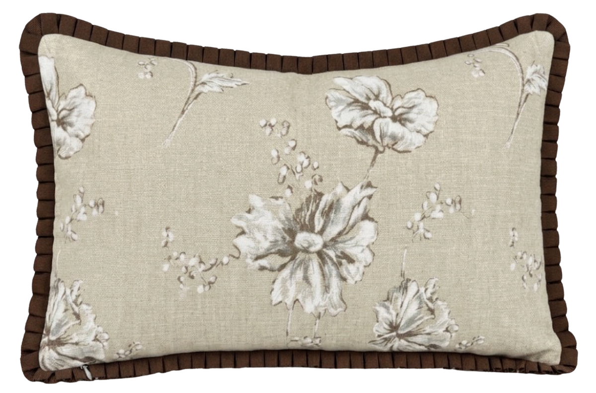 Sepia Garden floral lumbar pillow cover in beige with pleated flange, 12x22