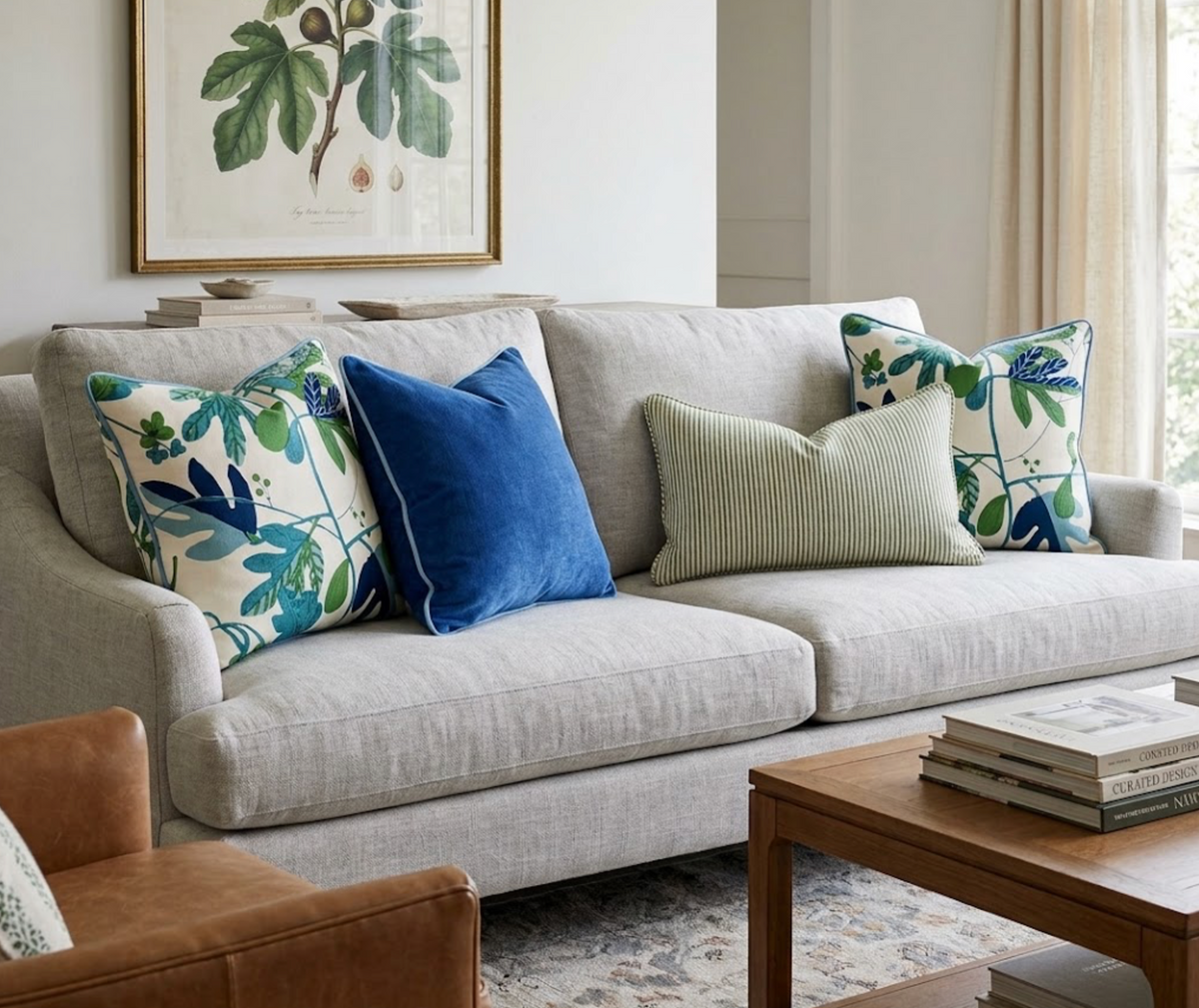 Matisse Leaf blue green pillow cover styled