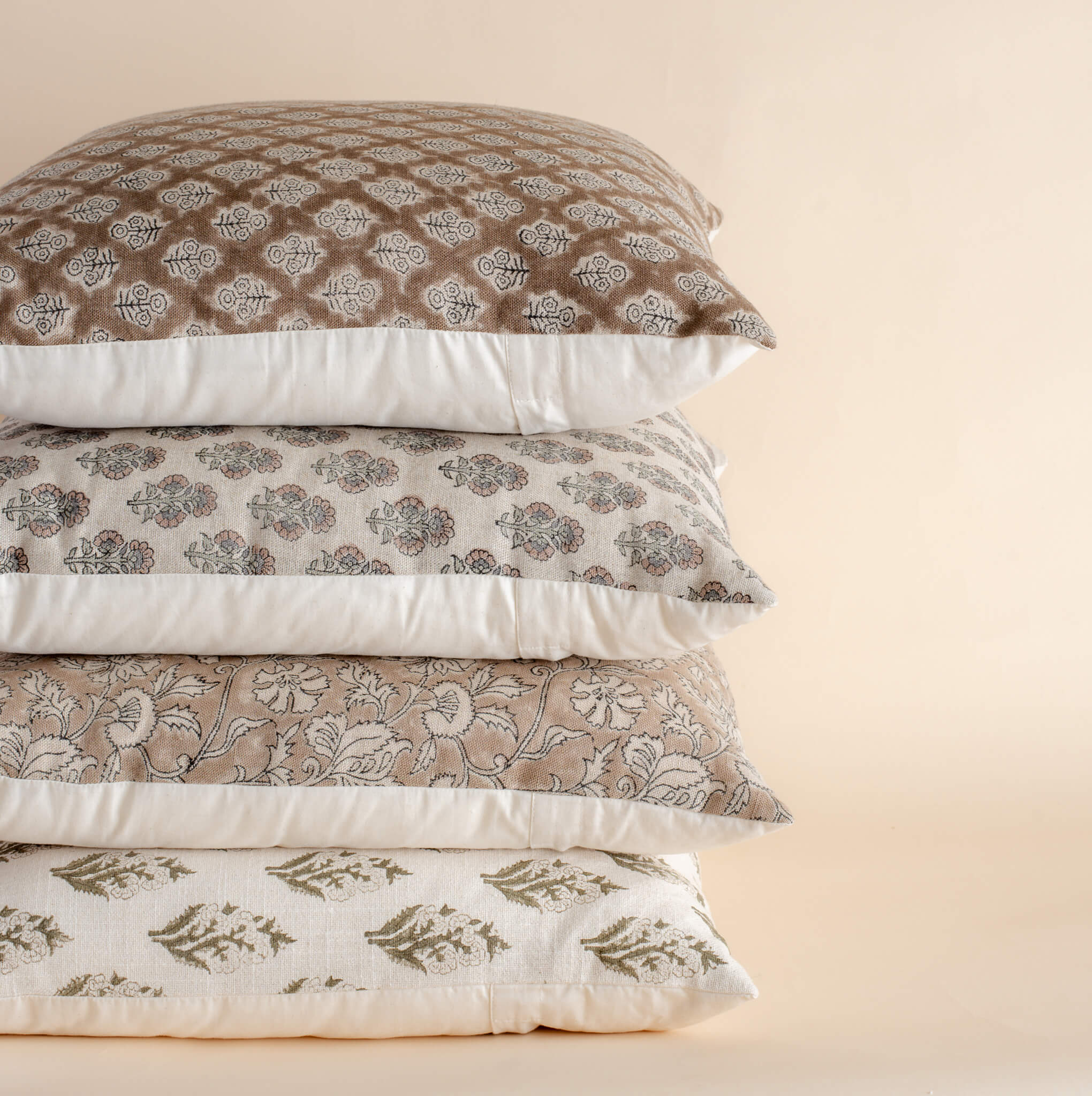 Rosalie Floral Block Printed Pillow Cover | Brown, Green