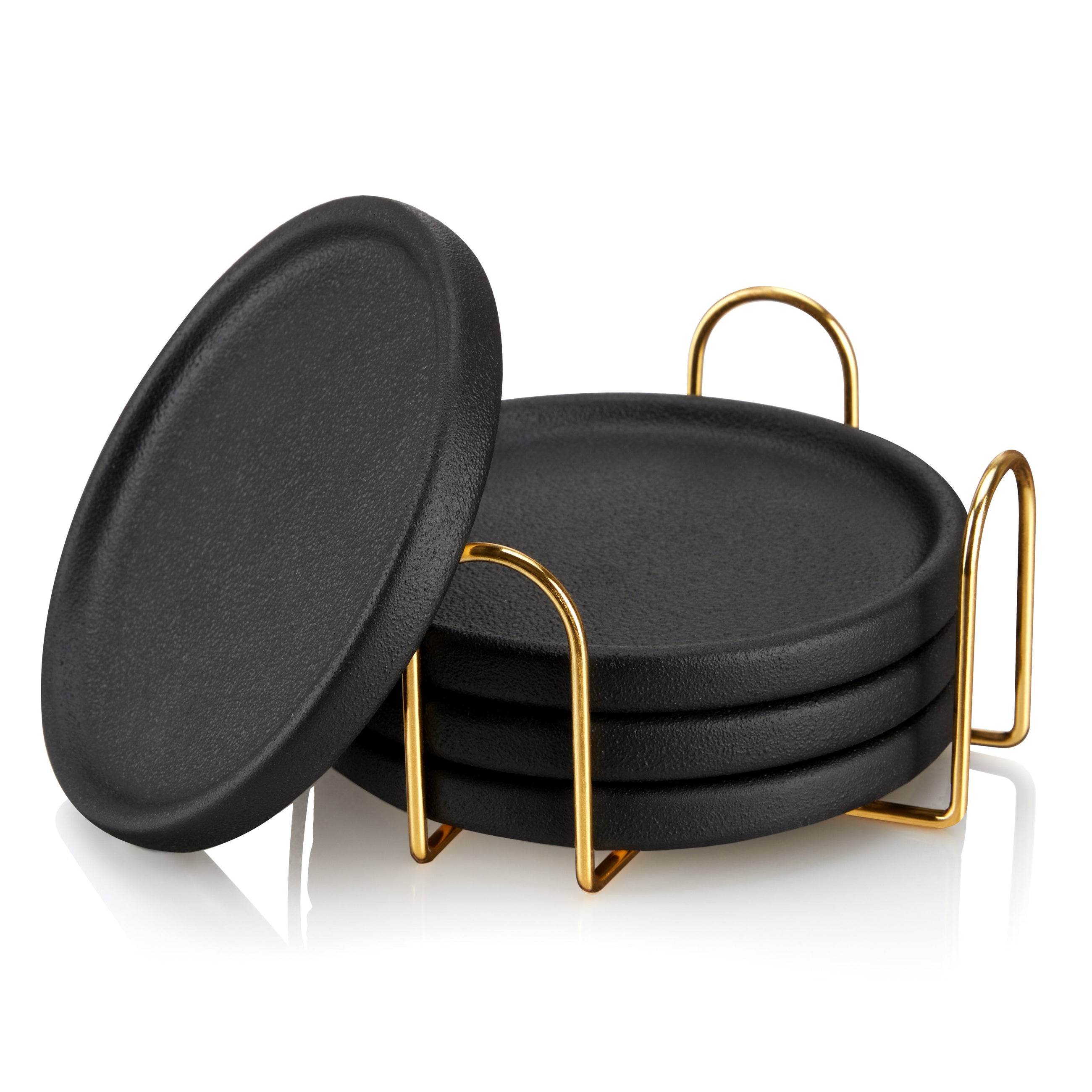 Sleek black coasters with gold holder for home decor