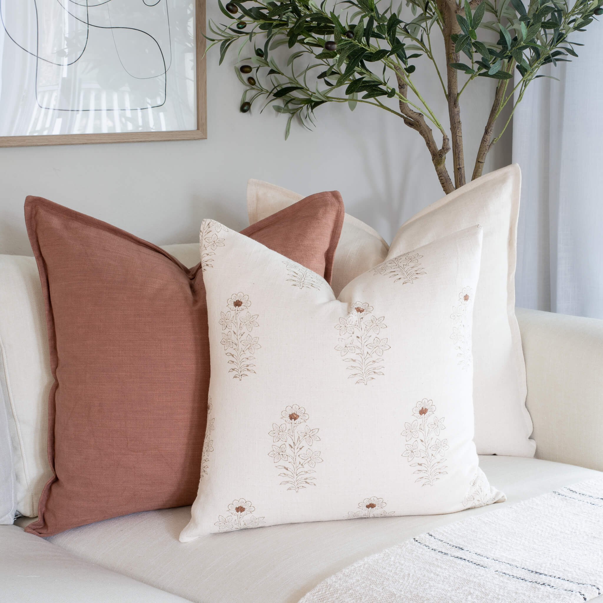Ella Floral Block Printed Pillow Cover | Light Brown + Terracotta Detail
