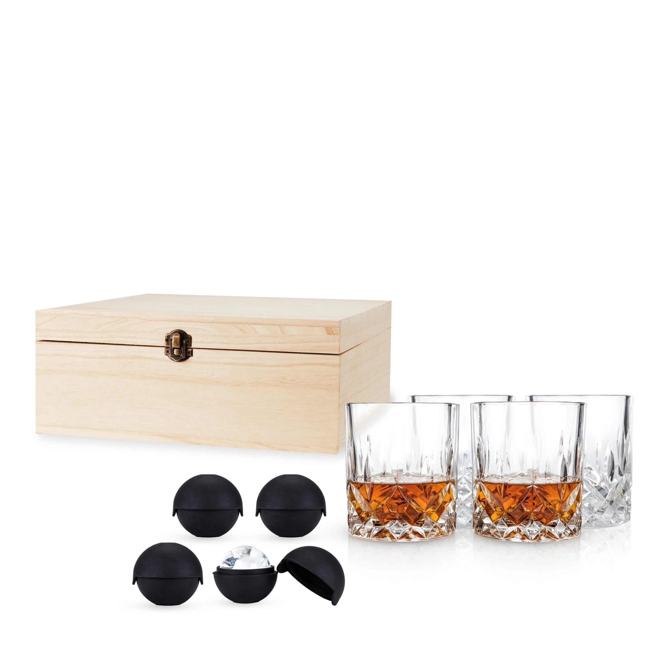 8-piece whiskey gift set with crystal rocks glasses and ice sphere molds