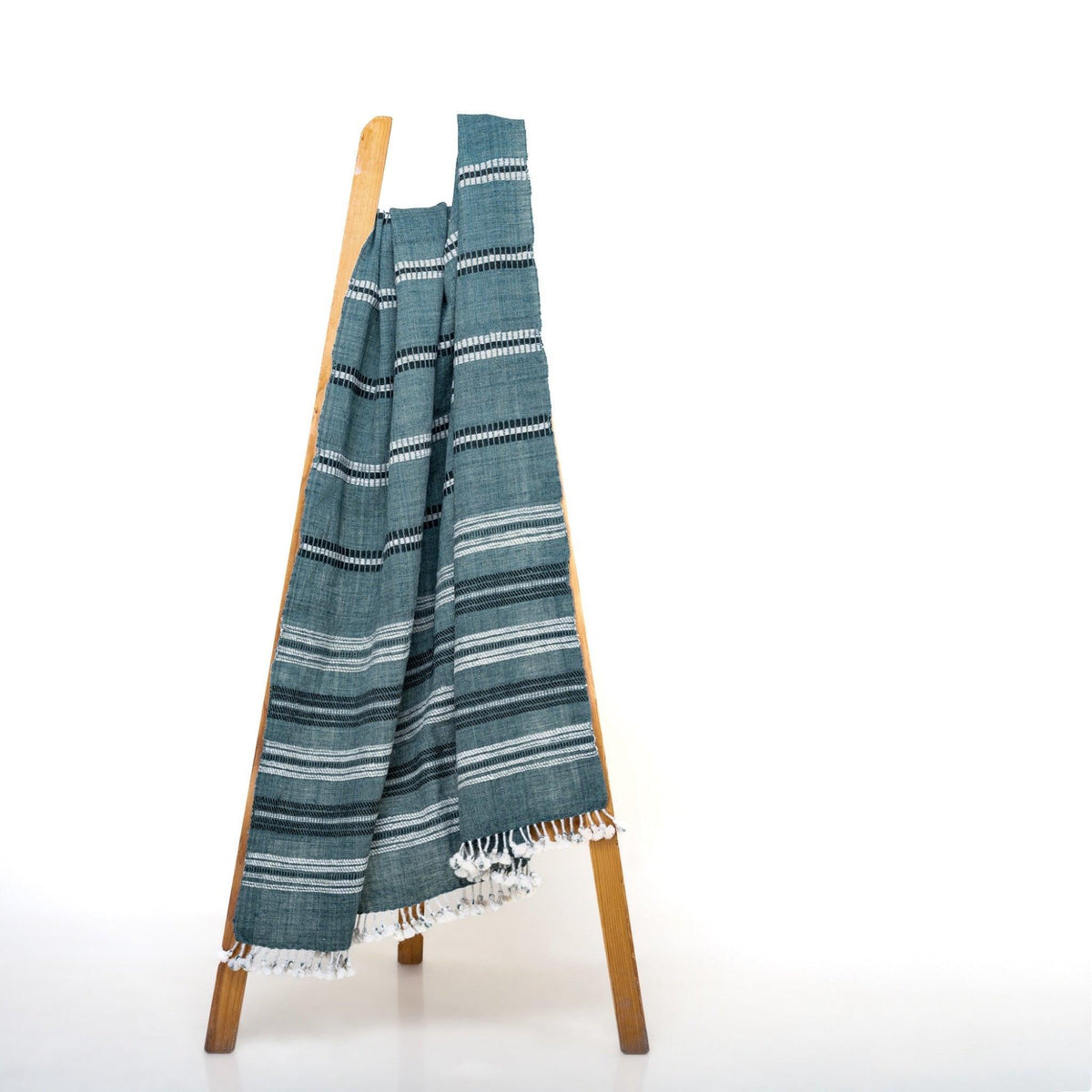 Sapphire teal blue striped handwoven Indian wool throw blanket – view 8