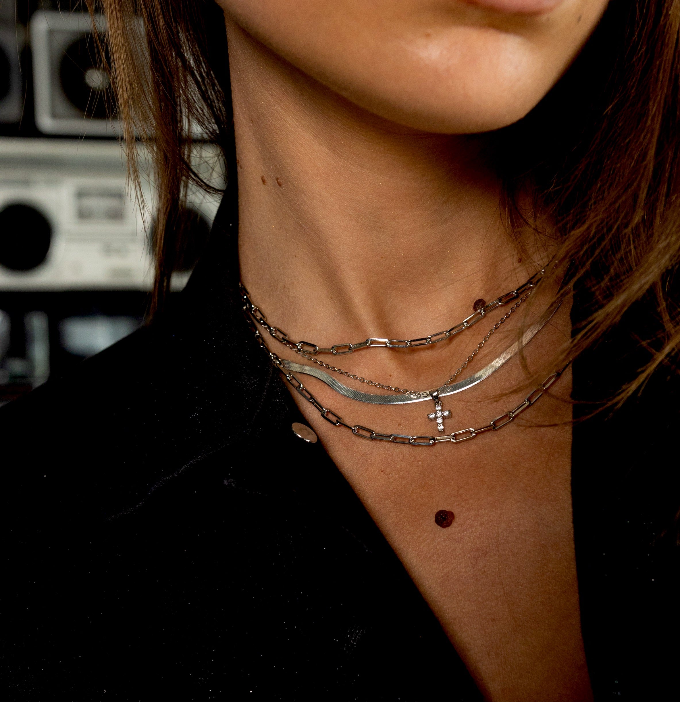 Layered look featuring Mini Cross Necklace and longer chains