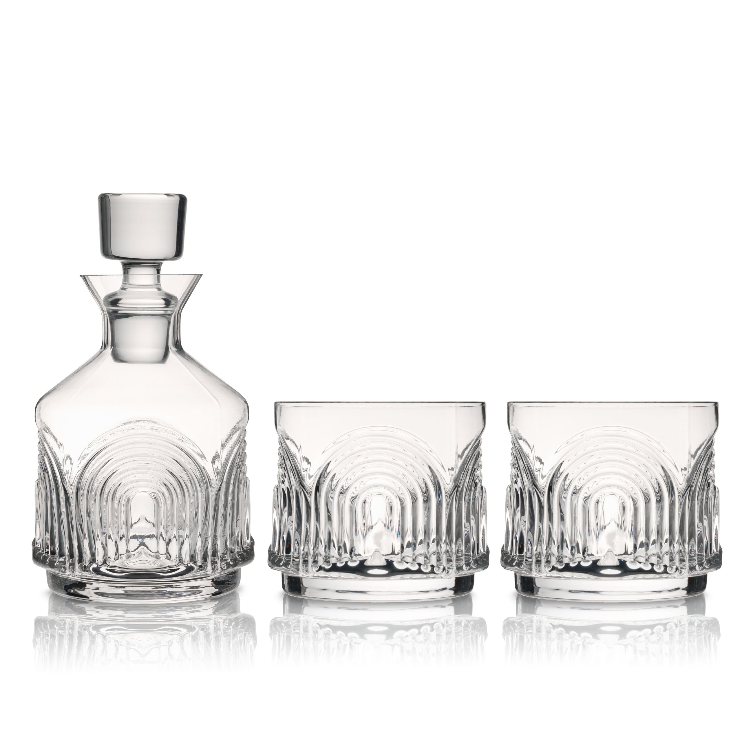Art Deco-inspired glassware set styled on bar cart