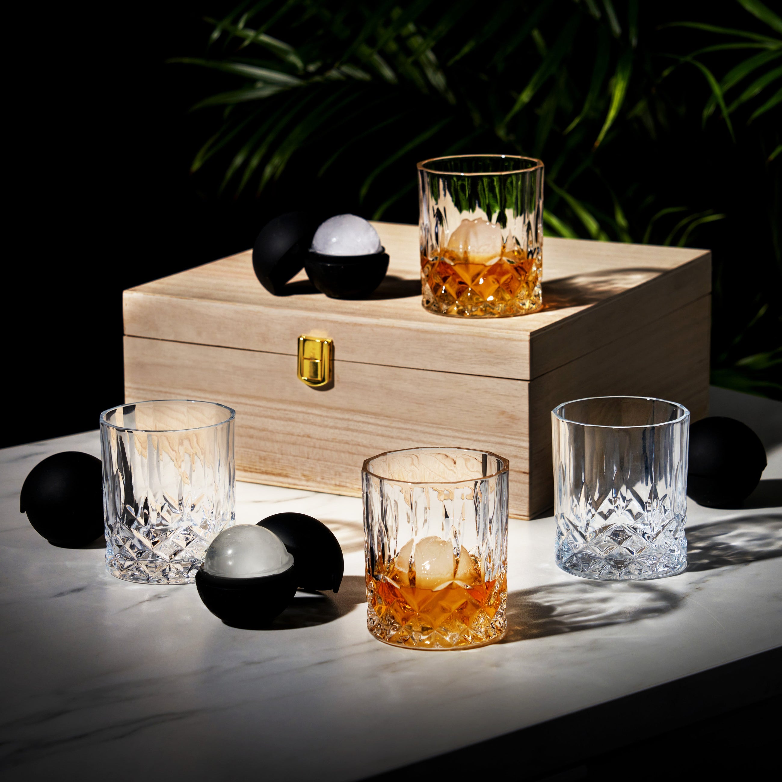 Crystal whiskey tumblers with silicone ice ball molds in wooden gift box