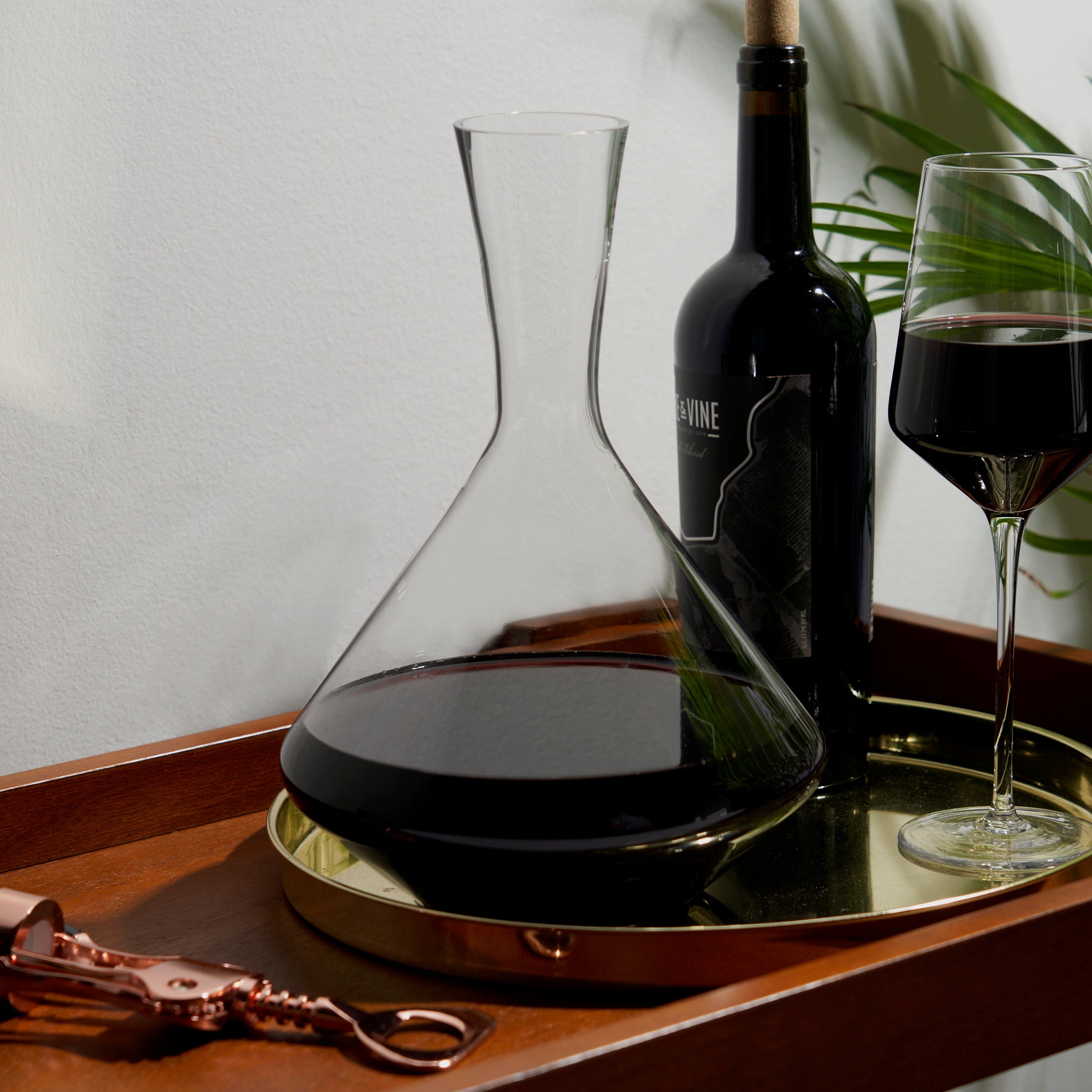 60 oz lead-free crystal decanter filled with red wine