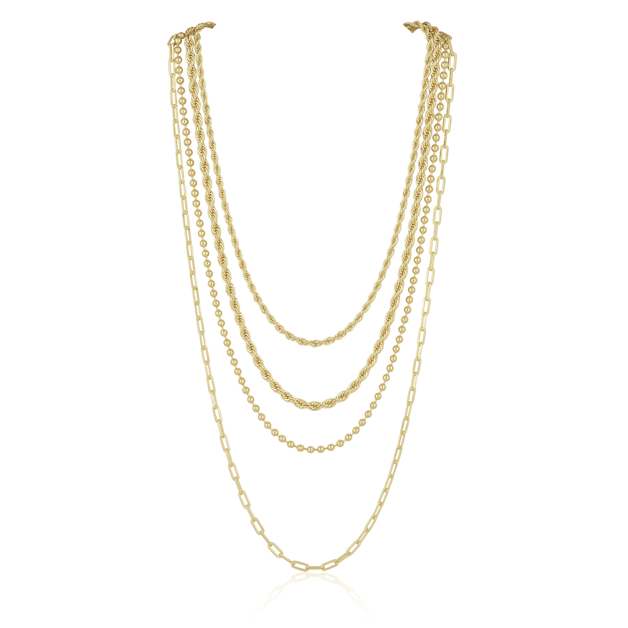 Rope chain necklace layered with other gold chains