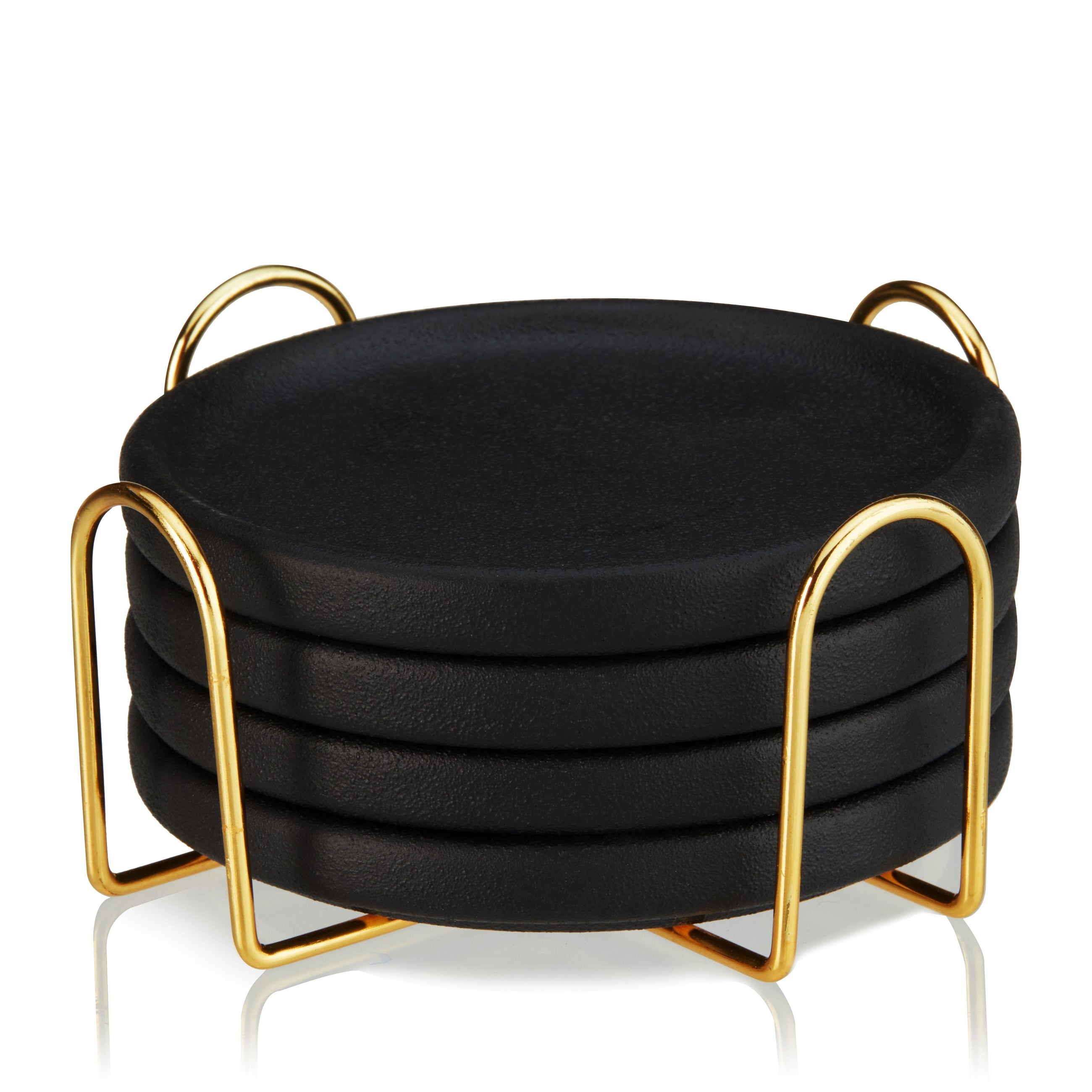 Black earthenware coasters with gold storage stand