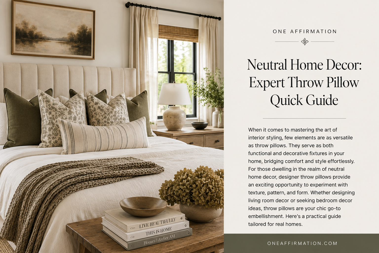 Neutral bedroom styled with olive green, floral, and striped throw pillows on a cream upholstered bed.