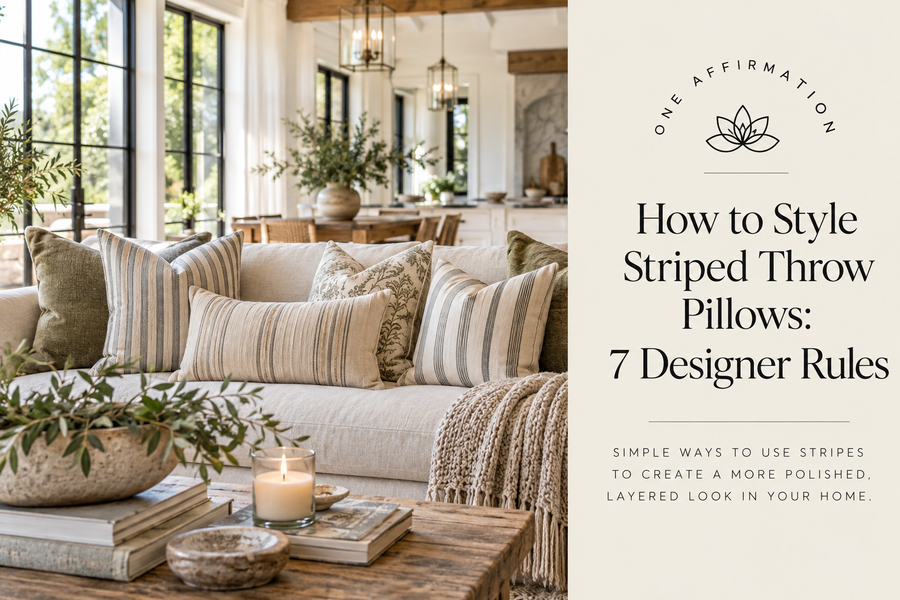Light-filled modern farmhouse living room with a neutral sofa styled with striped, floral, and olive green throw pillows, illustrating seven designer rules for styling striped throw pillows.