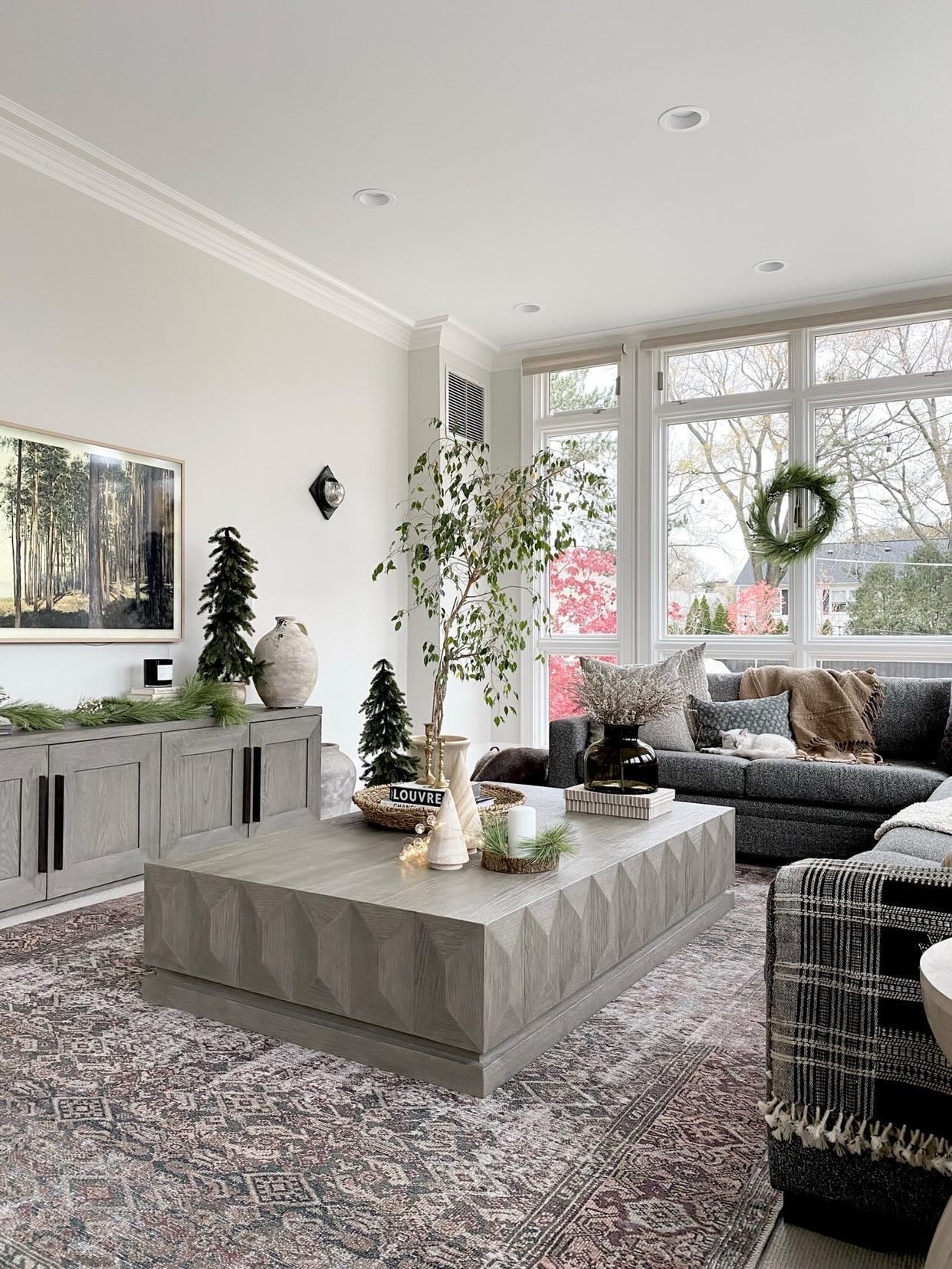 living room with gray couches and throw pillows