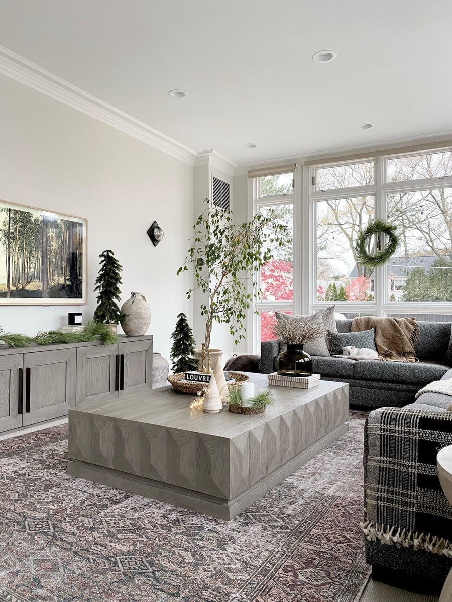 living room with gray couches and throw pillows