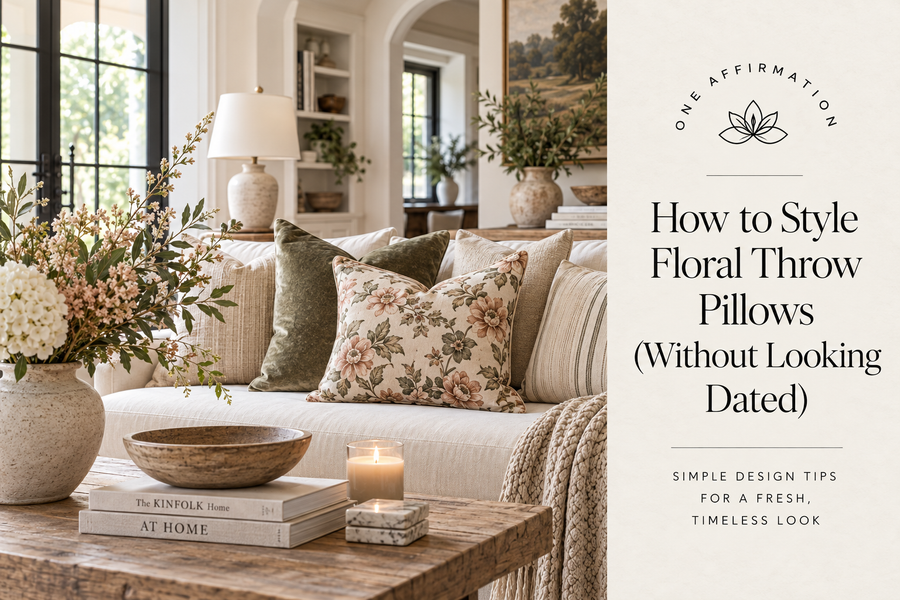 Modern farmhouse living room with a neutral sofa styled with floral, olive green, striped, and textured throw pillows, illustrating how to style floral throw pillows for a fresh, timeless look.