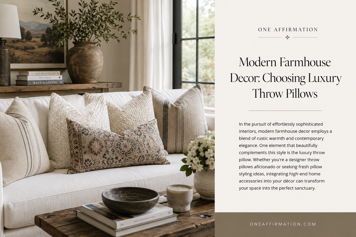 Modern farmhouse living room with luxury neutral throw pillows layered on a cream sofa.