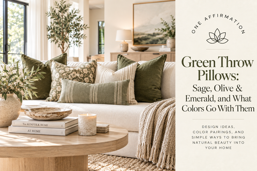 Light and airy living room styled with sage, olive and emerald green throw pillows on a neutral sofa, featuring layered linen, velvet and floral textures for a warm, organic One Affirmation look.