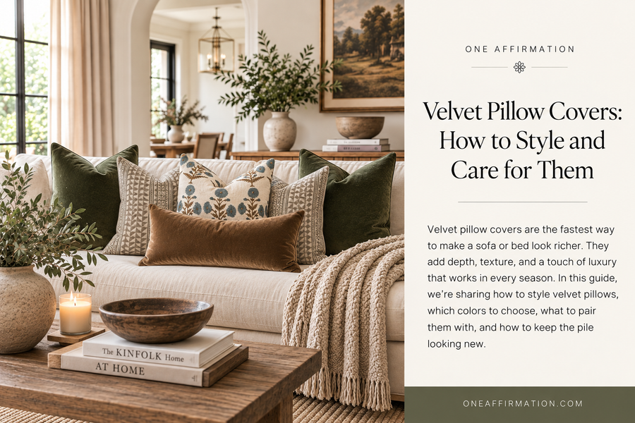 Green velvet, floral, taupe patterned, and warm brown velvet pillow covers styled on a neutral sofa in an elegant modern farmhouse living room.
