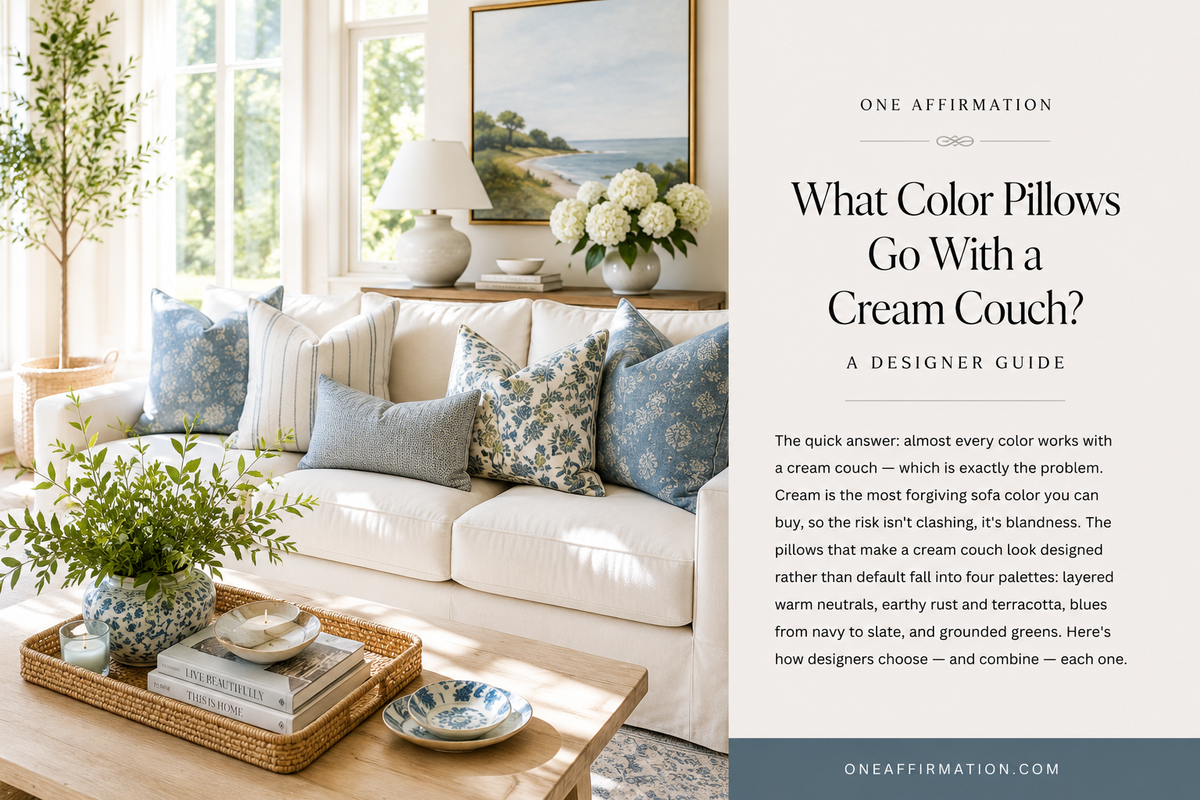 Bright cream couch styled with layered blue, floral, and striped throw pillows in a sunlit living room.