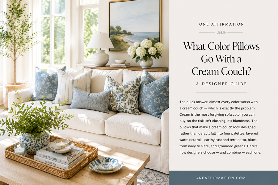 Bright cream couch styled with layered blue, floral, and striped throw pillows in a sunlit living room.