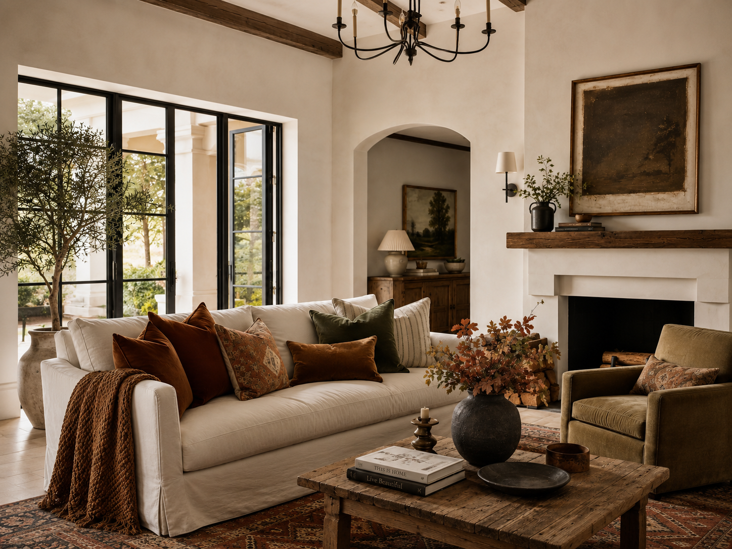 Fall 2026 living room with rust, terracotta, olive green and neutral designer throw pillows on a cream sofa in a modern farmhouse home