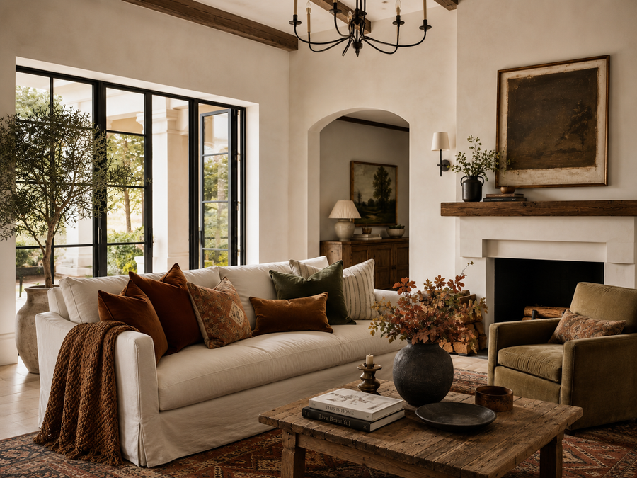 Fall 2026 living room with rust, terracotta, olive green and neutral designer throw pillows on a cream sofa in a modern farmhouse home