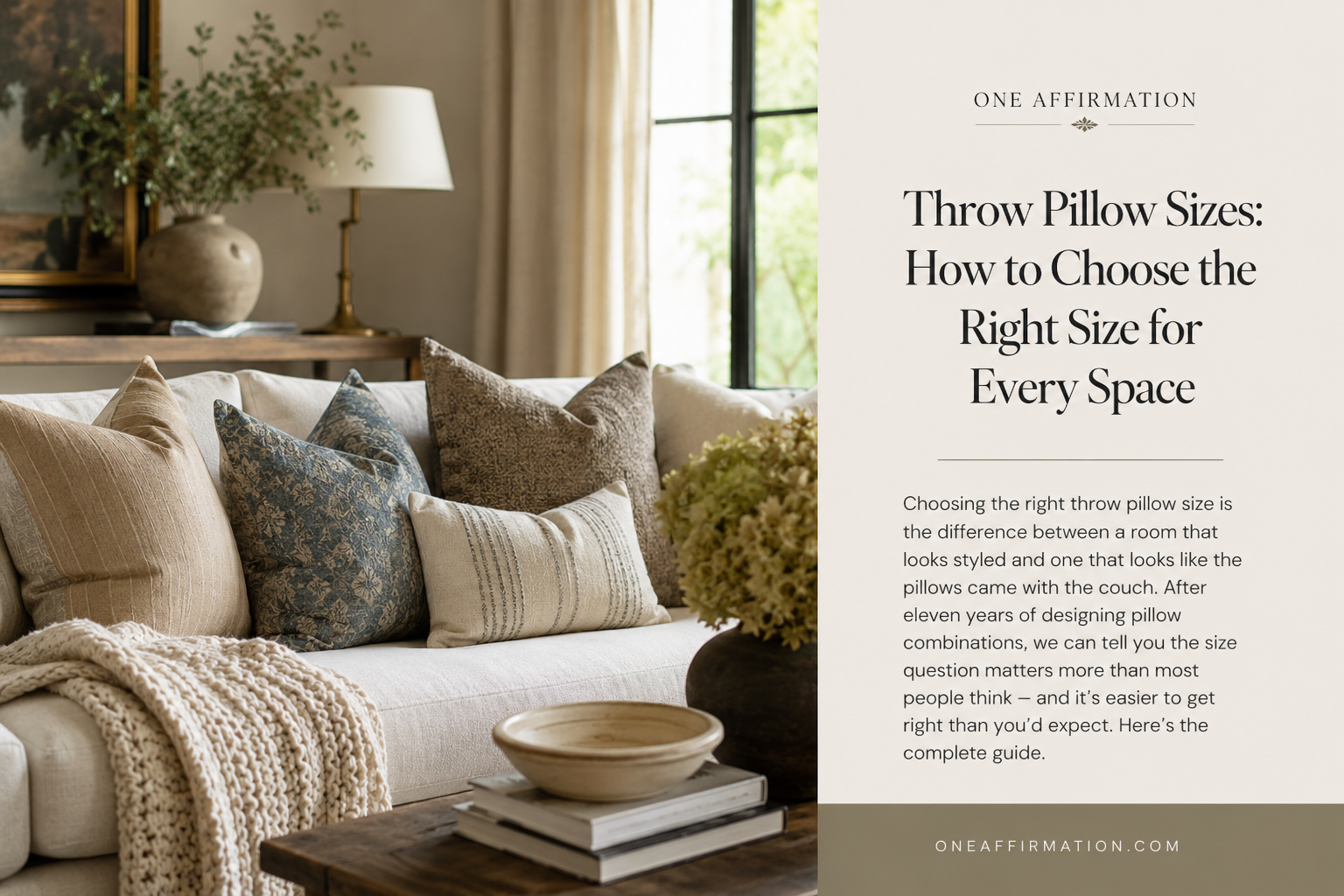 Neutral living room styled with layered throw pillows in various sizes on a cream sofa.