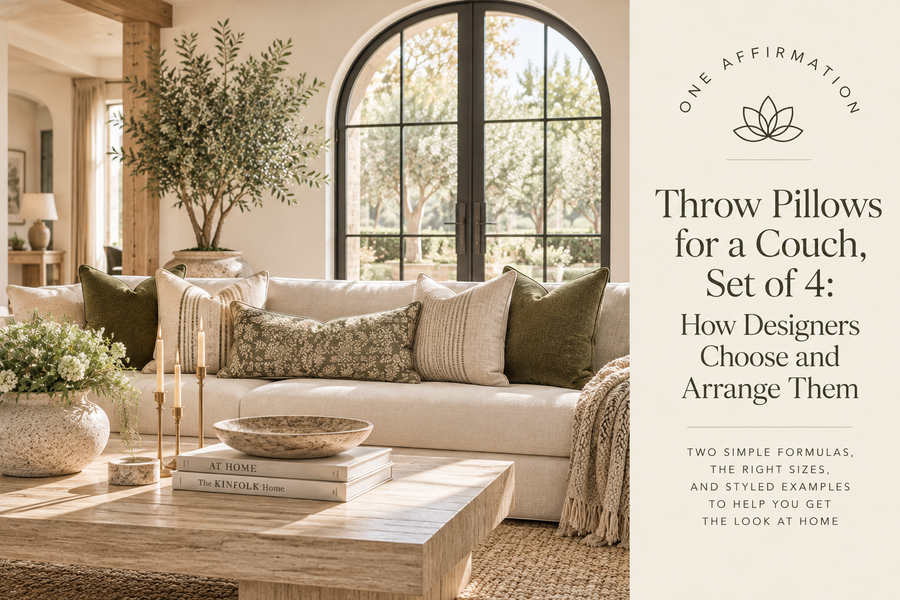 Iron doors cream soda with designer couch pillows in living room with beams and oak coffee table 