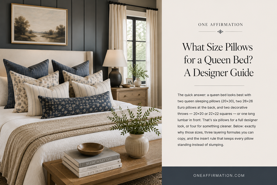 Queen bed styled with layered navy, floral, and ivory throw pillows against a dark paneled accent wall.