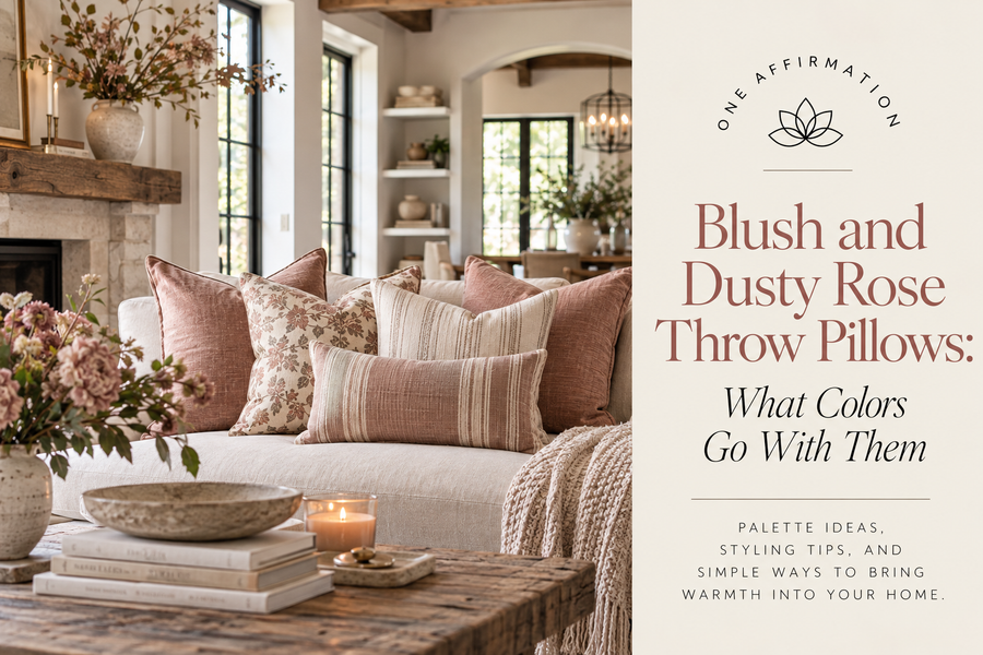 Light-filled modern farmhouse living room with blush and dusty rose throw pillows layered with floral and striped neutrals, showing elegant color-pairing ideas for a warm, sophisticated home.