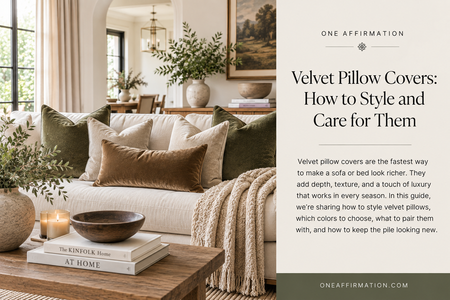 Elegant neutral living room with olive green and caramel velvet pillow covers layered on a cream sofa, styled with warm wood and natural textures.