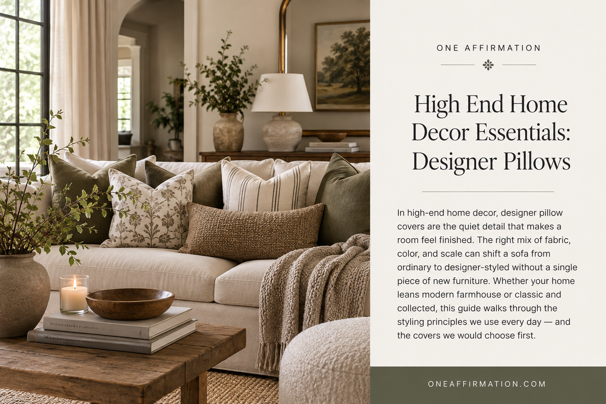 High-end neutral living room with layered designer pillow covers in olive green, floral, striped, and textured neutral fabrics on a cream sofa.